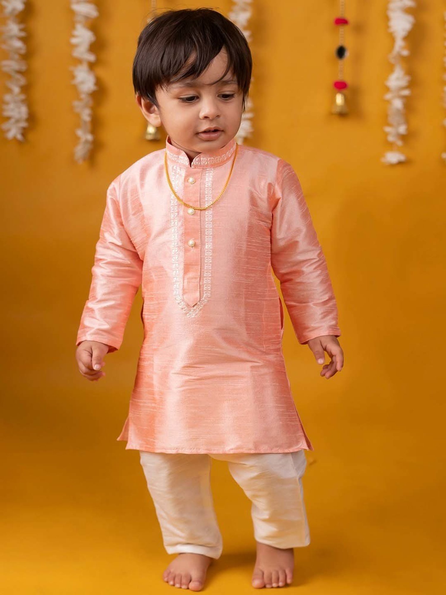 Baby Moo Kids Peach & White Regular Fit Full Sleeves Kurta Set