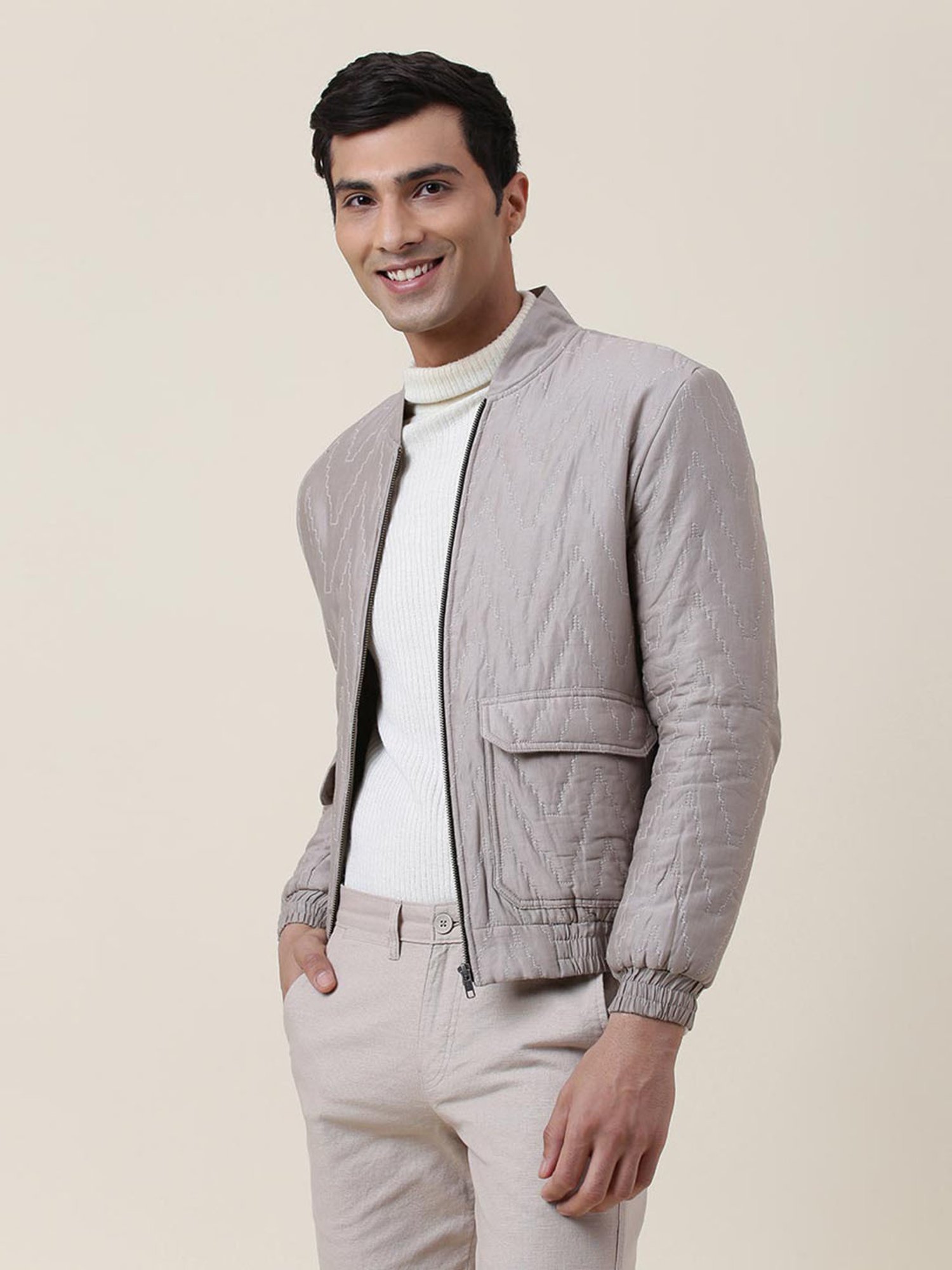 Fabindia Grey Straight Fit Quilted Bomber Jacket