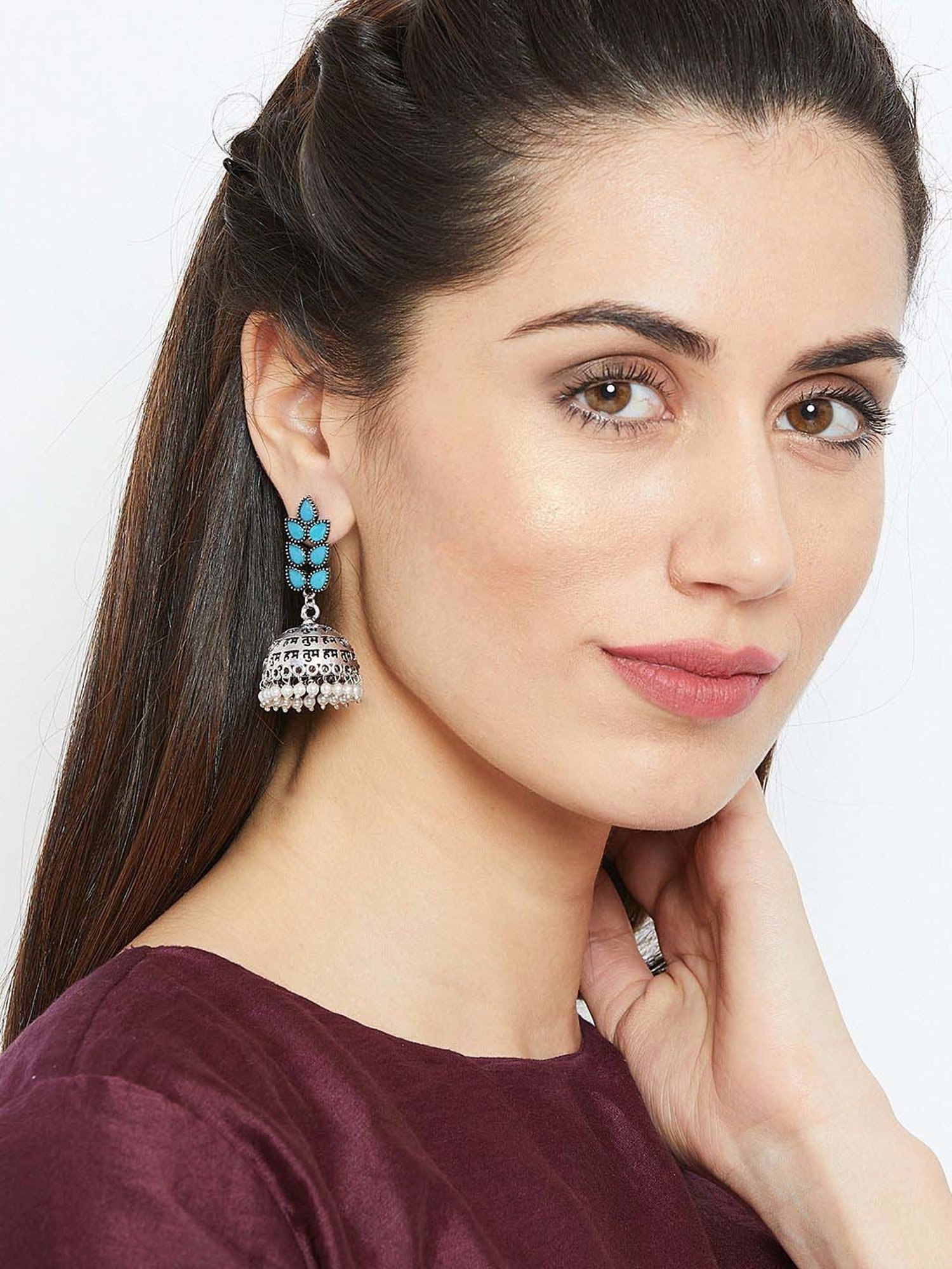 Panash Silver-Plated Oxidised Dome Shaped Jhumki Earrings