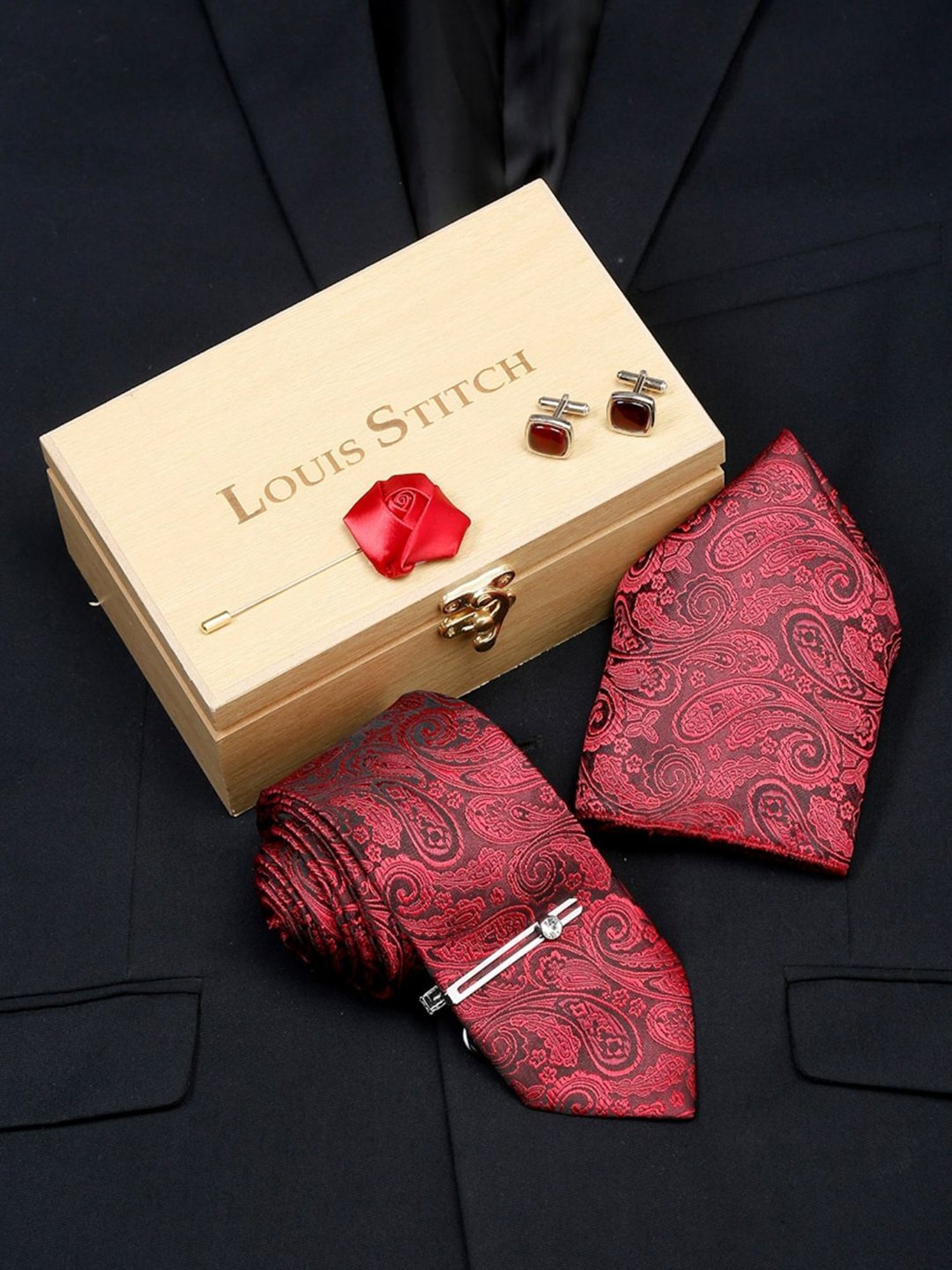 Louis Stitch Red Printed Necktie Gift Set - Set of 5