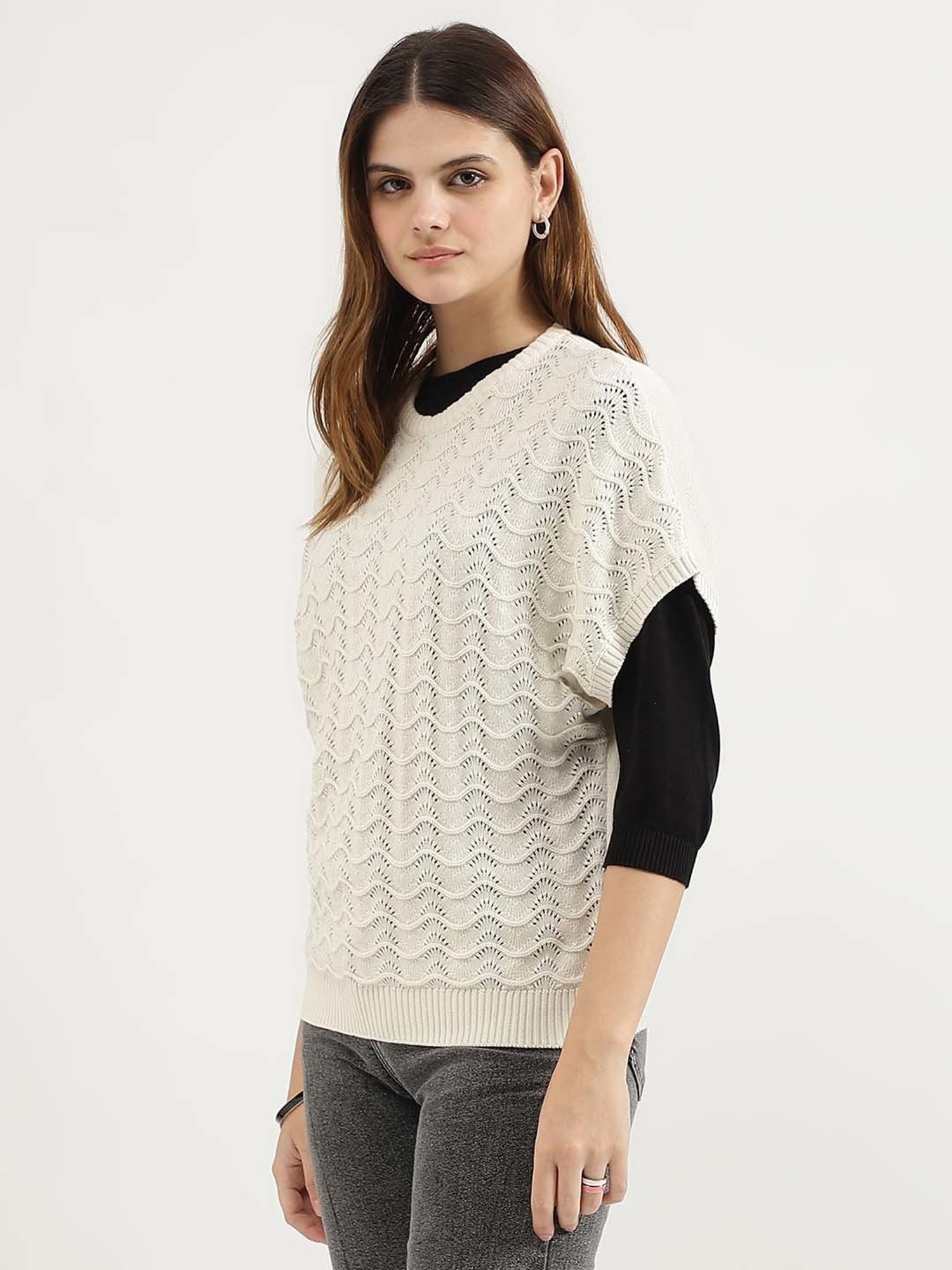 United Colors of Benetton White Cotton Self Pattern Top