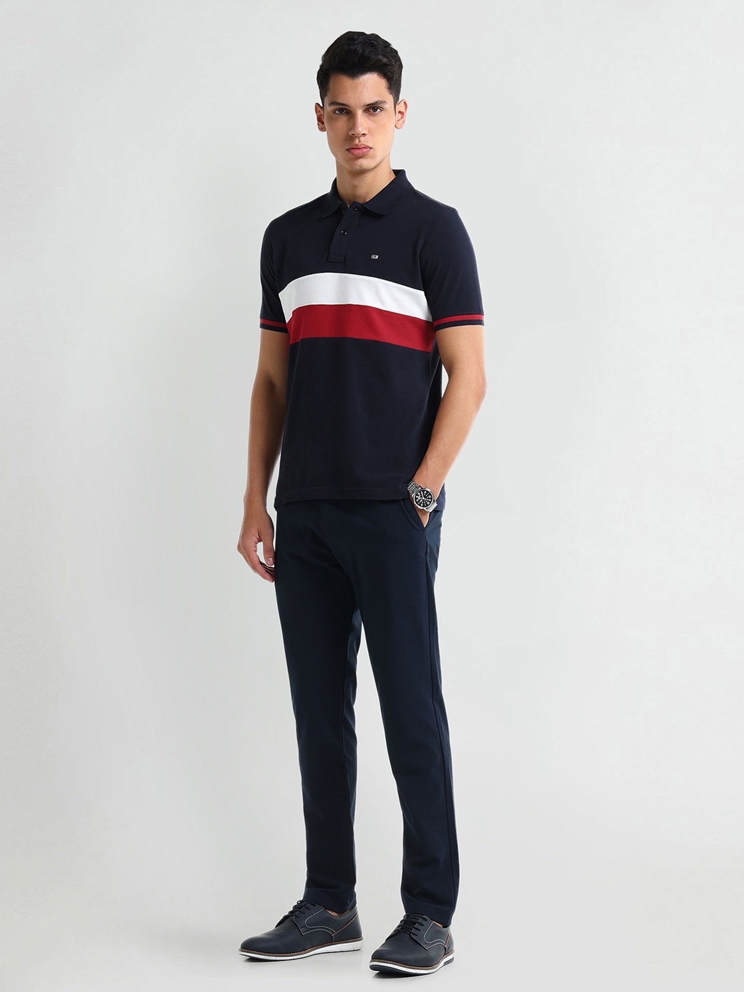 Arrow Blue Regular fit Stripes Polo T-Shirt