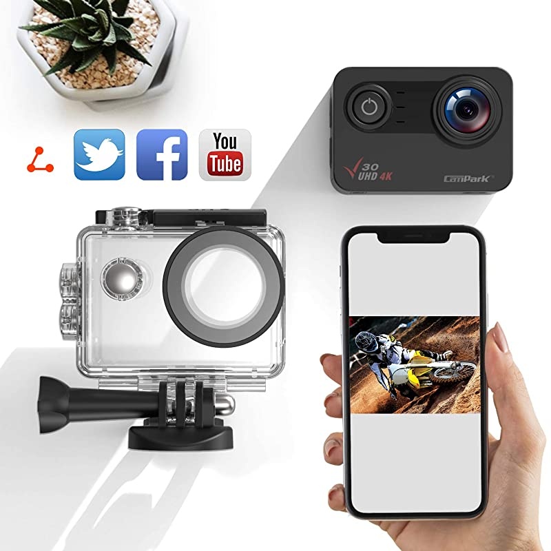 V30 Native 4K Action Camera 20MP EIS Touch Screen WiFi Waterproof PC Webcam with Optional View Angle, 2 1350mAh Batteries and Mounting Accessories Kit