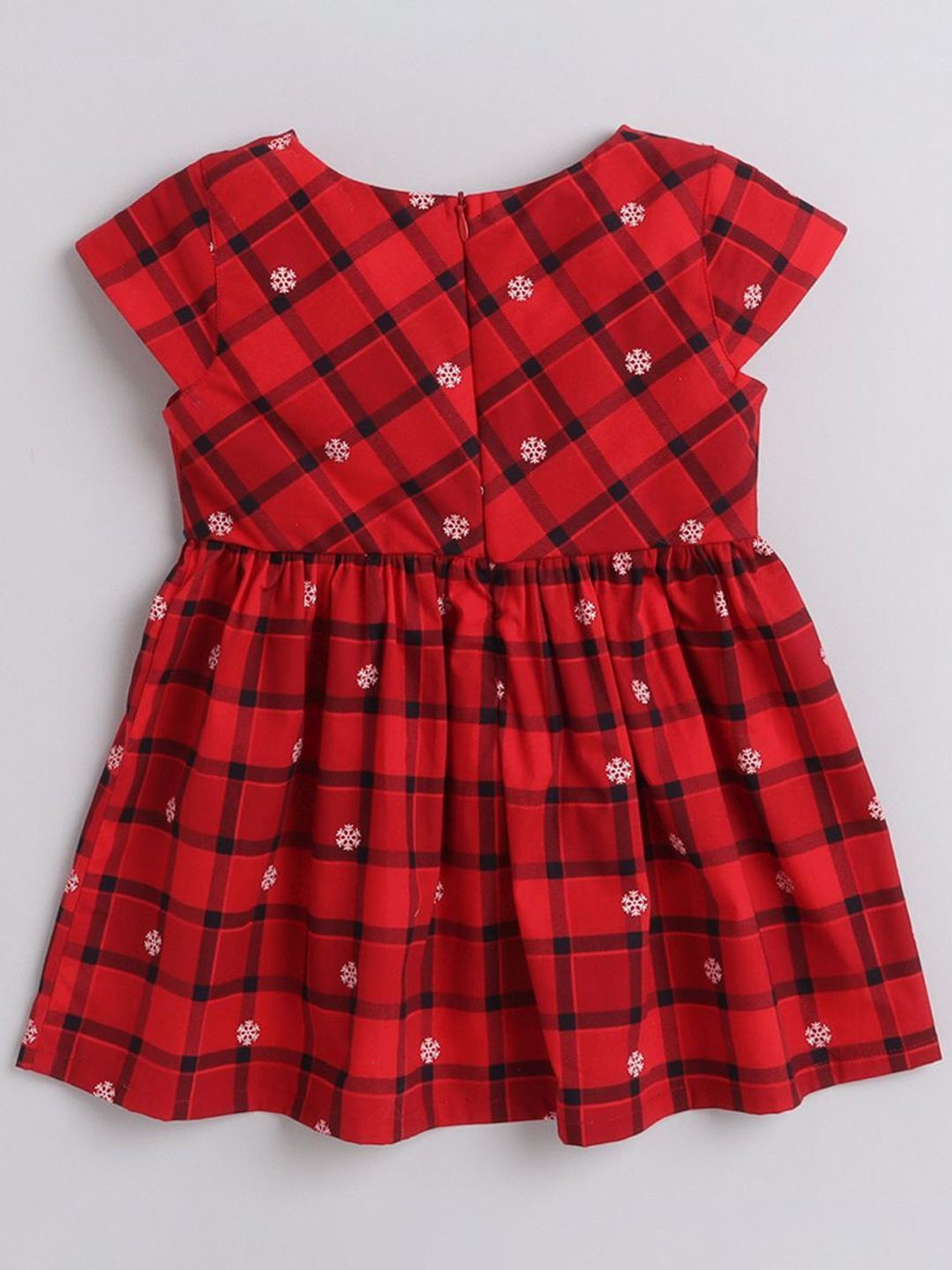 Many Frocks Kids Red Cotton Chequered Snow Flakes Dress