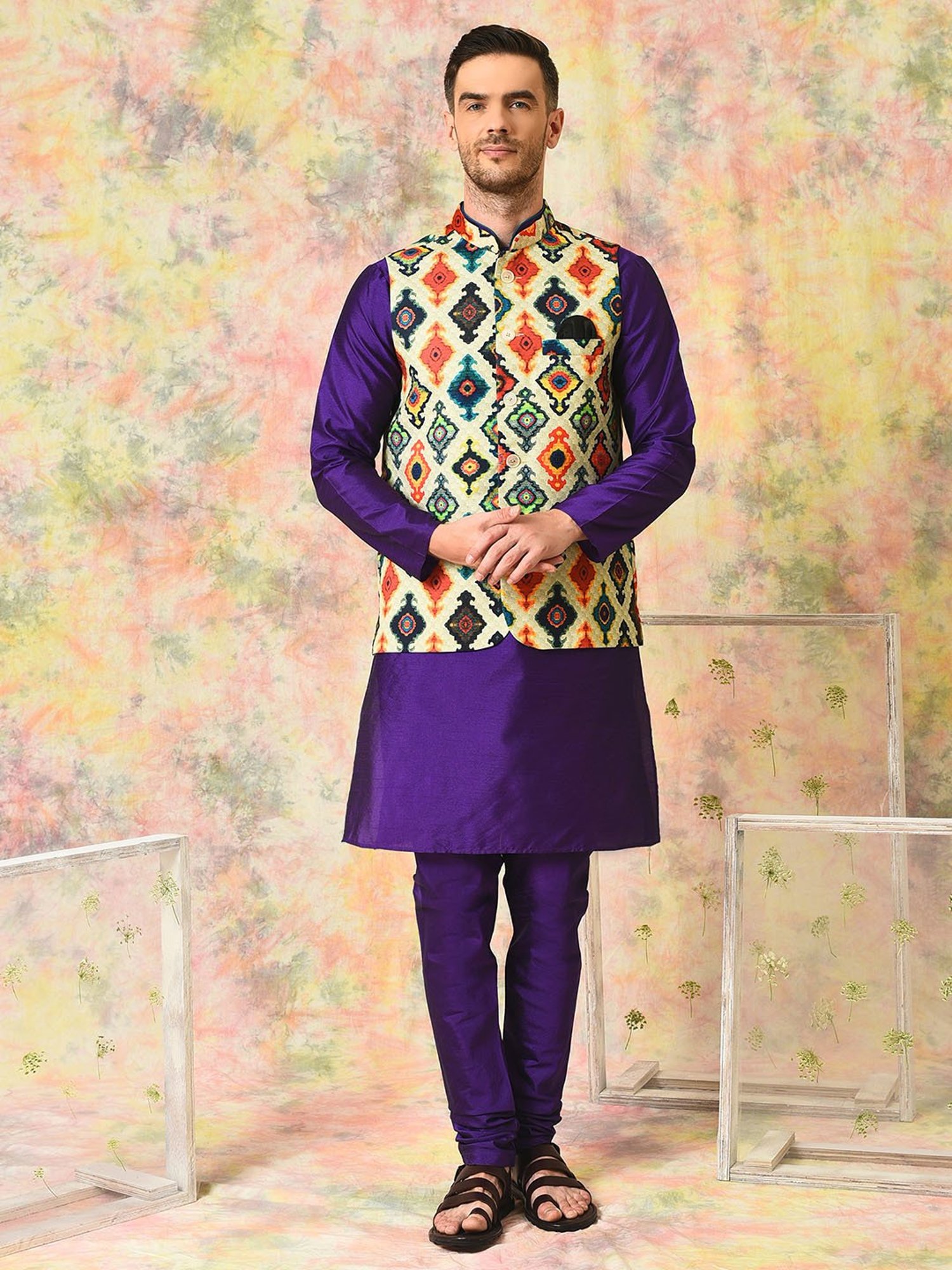 Hangup Purple Regular Fit Print Kurta & Churidar With Nehru Jacket