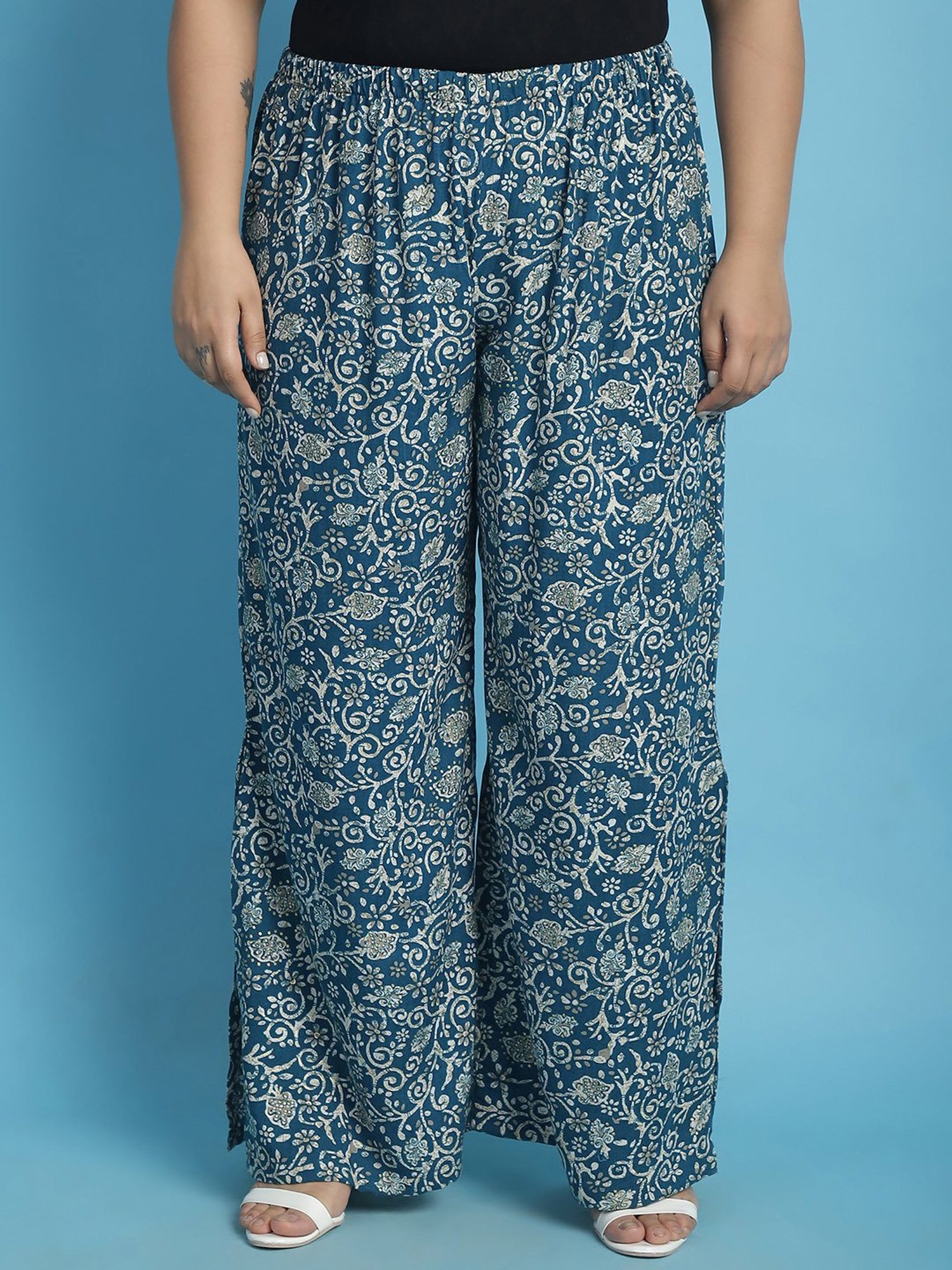theRebelinme Teal Floral Print High Rise Regular Fit Palazzos