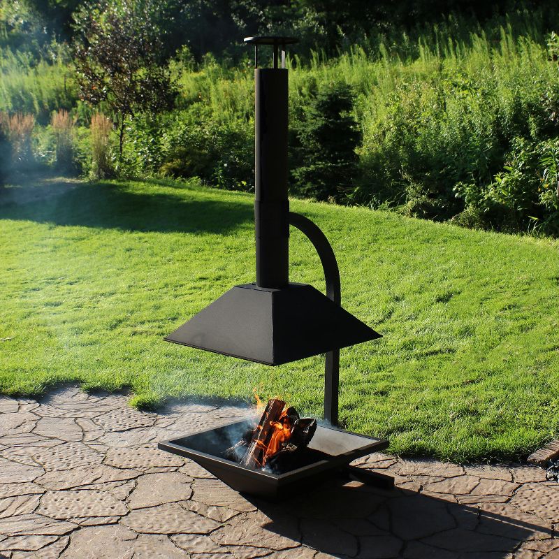 Sunnydaze Outdoor Backyard Patio Modern Style Steel Wood-Burning Fire Pit Chiminea with Open Sides - 80" - Black