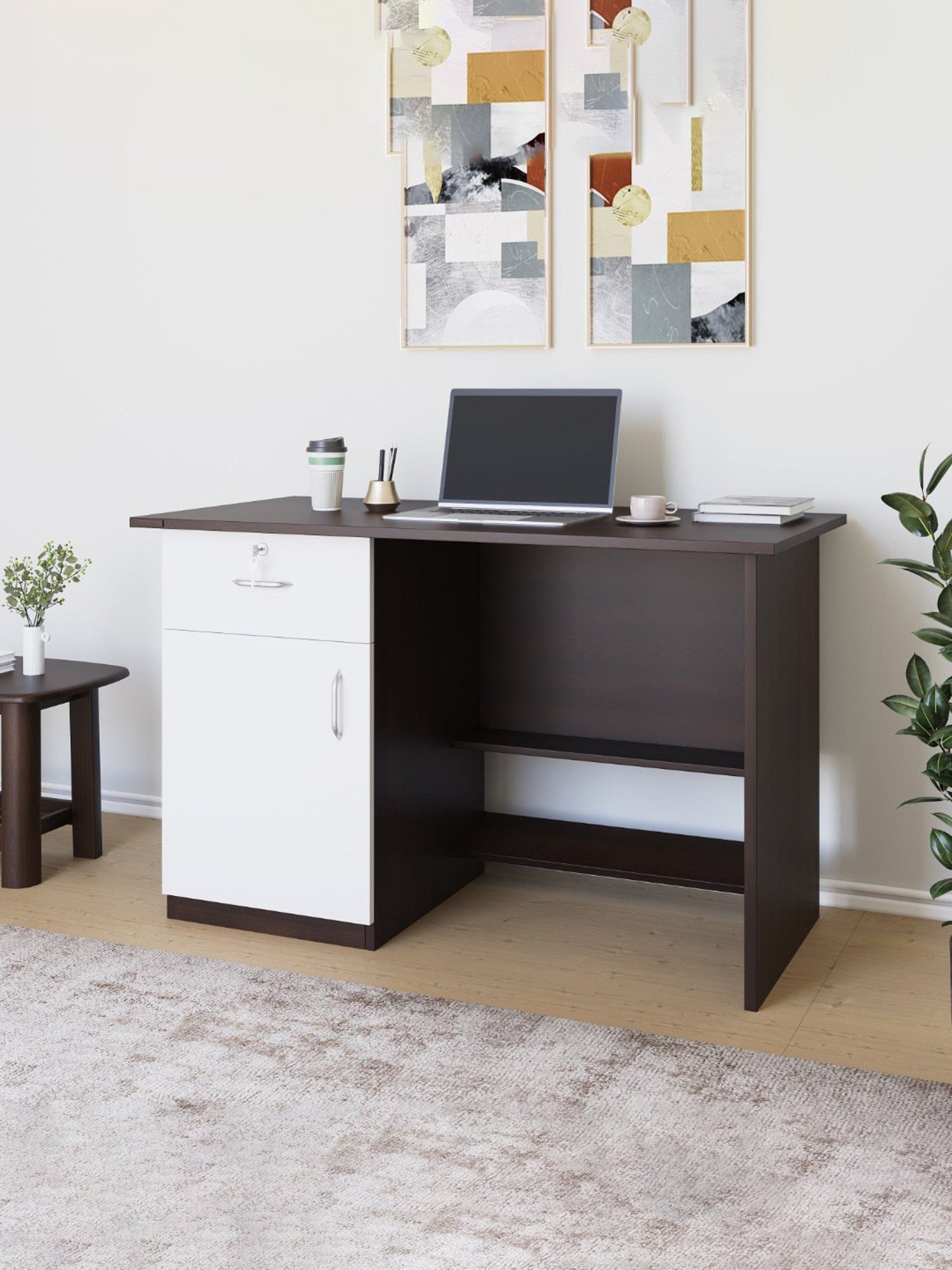 Nilkamal Dalton Black Engineered Wood Office Table with Drawer, Cabinet & 2 Shelf