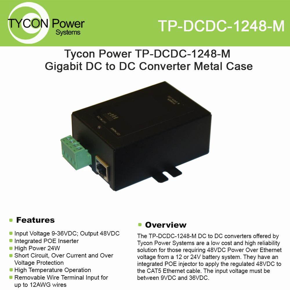 Tycon Power TP-DCDC-1248-M 9-36VDC In 48VDC Out Metal 24W DCDC Conv/POE