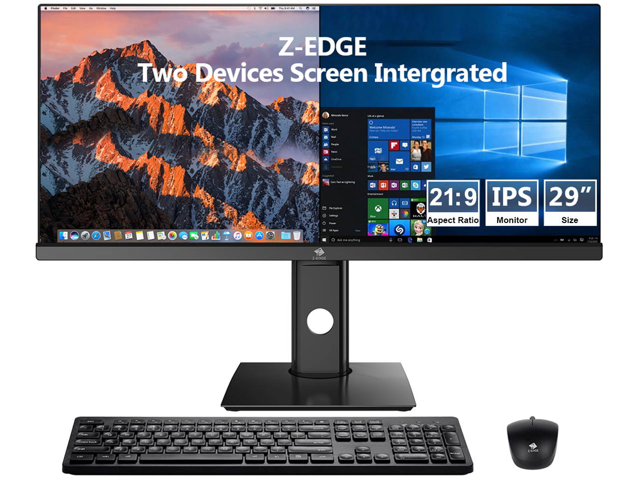 Z-EDGE U29IAB 29" Ultrawide 2560 x 1080 WFHD 21:9 Aspect Ratio 100Hz Refresh Rate 4 ms MPRT IPS Monitor, HDMIx2+DP, Built-in Speakers, with Wireless Keyboard & Mouse