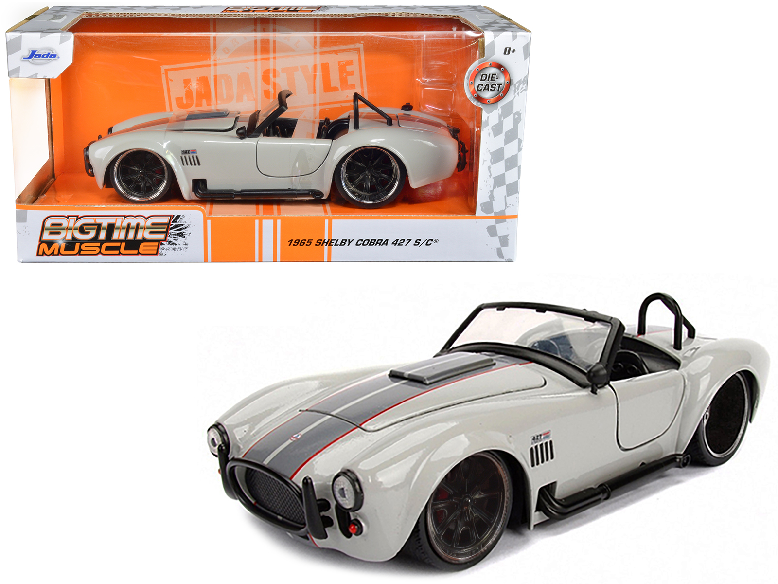 1965 Shelby Cobra 427 S/C Dark Blue Metallic with White Stripes with Printed Carroll Shelby's Signature on the Trunk 1/18 Diecast Model Car by Shelby Collectibles