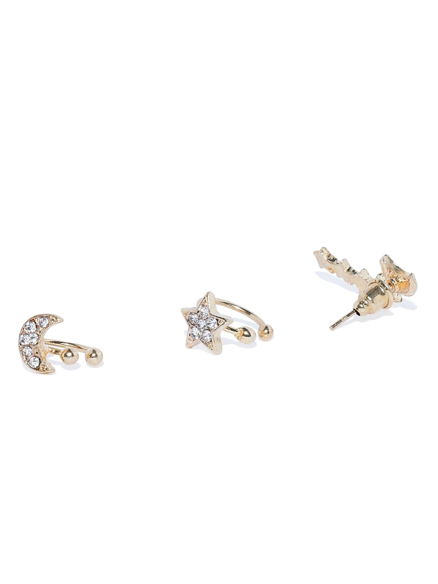 OOMPH Pair of Golden Tone Crystal Small Star & Moon Ear Cuff Earrings for Women - Set of 3