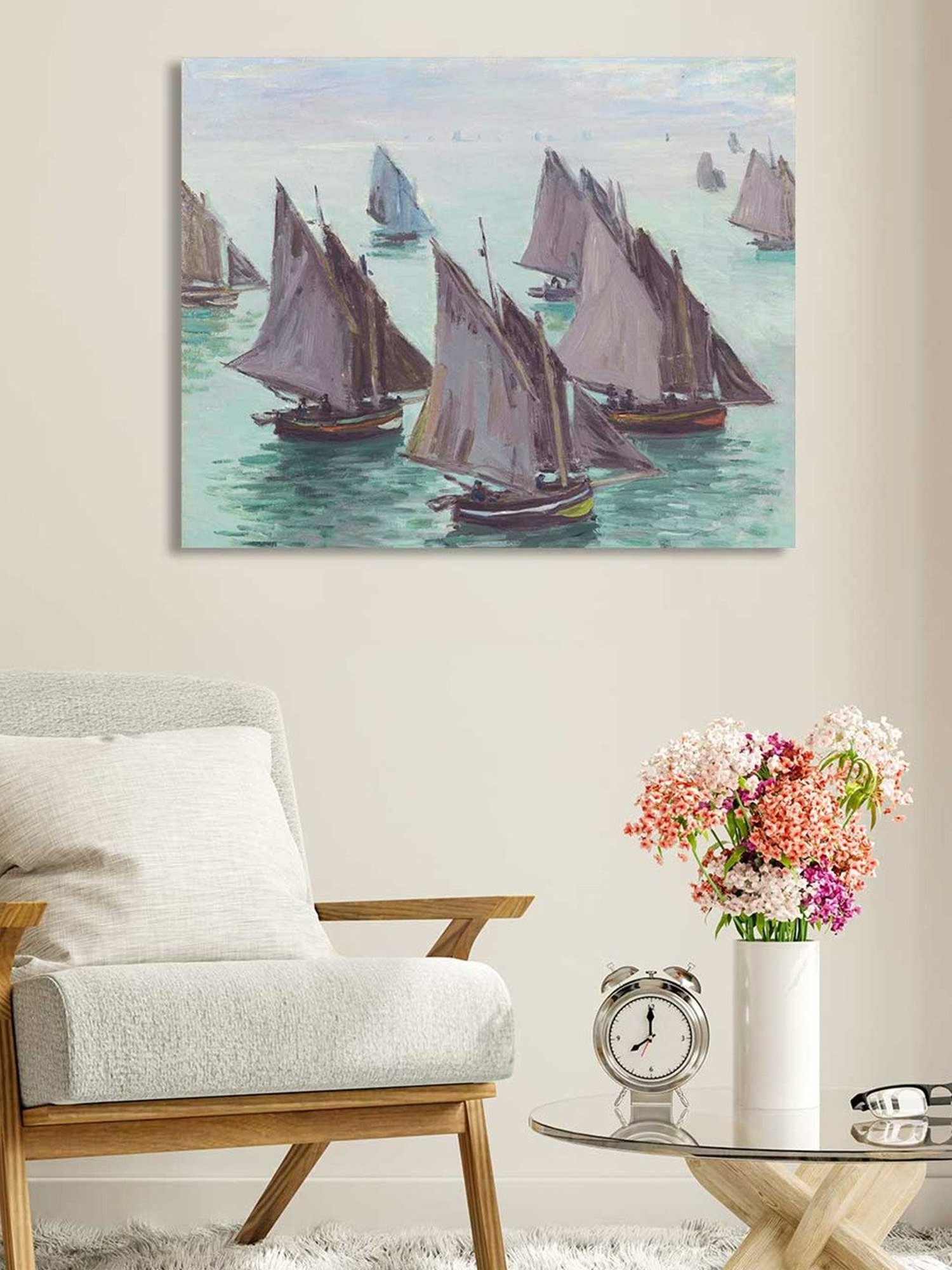 Art Street Fishing Boats Calm Sea Printed Brown Engineered Wood Wall Art