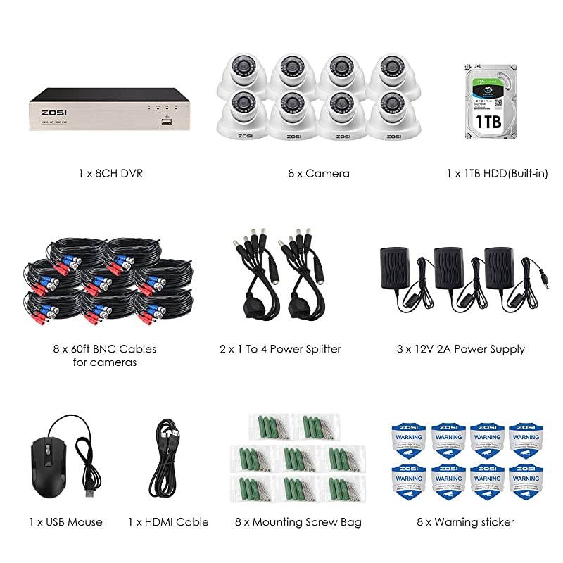 8CH 1080P Security Camera System with Hard Drive 1TB H265+ 8 Channel Full True 1080P HDTVI DVR Recorder and 8pcs 1080P HD Weatherproof CCTV Dome Cameras System 80ft Night Vision