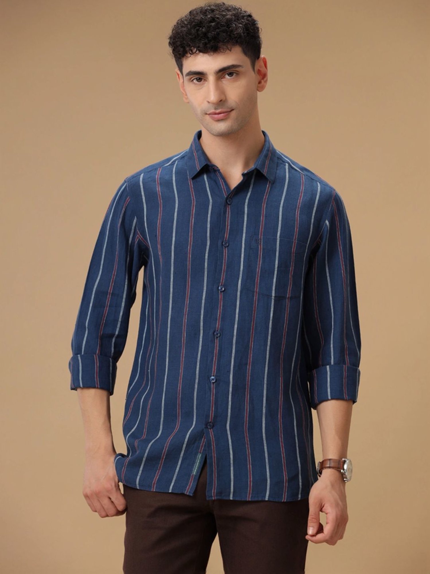 Linen Club Navy Linen Contemporary Fit Striped Shirt
