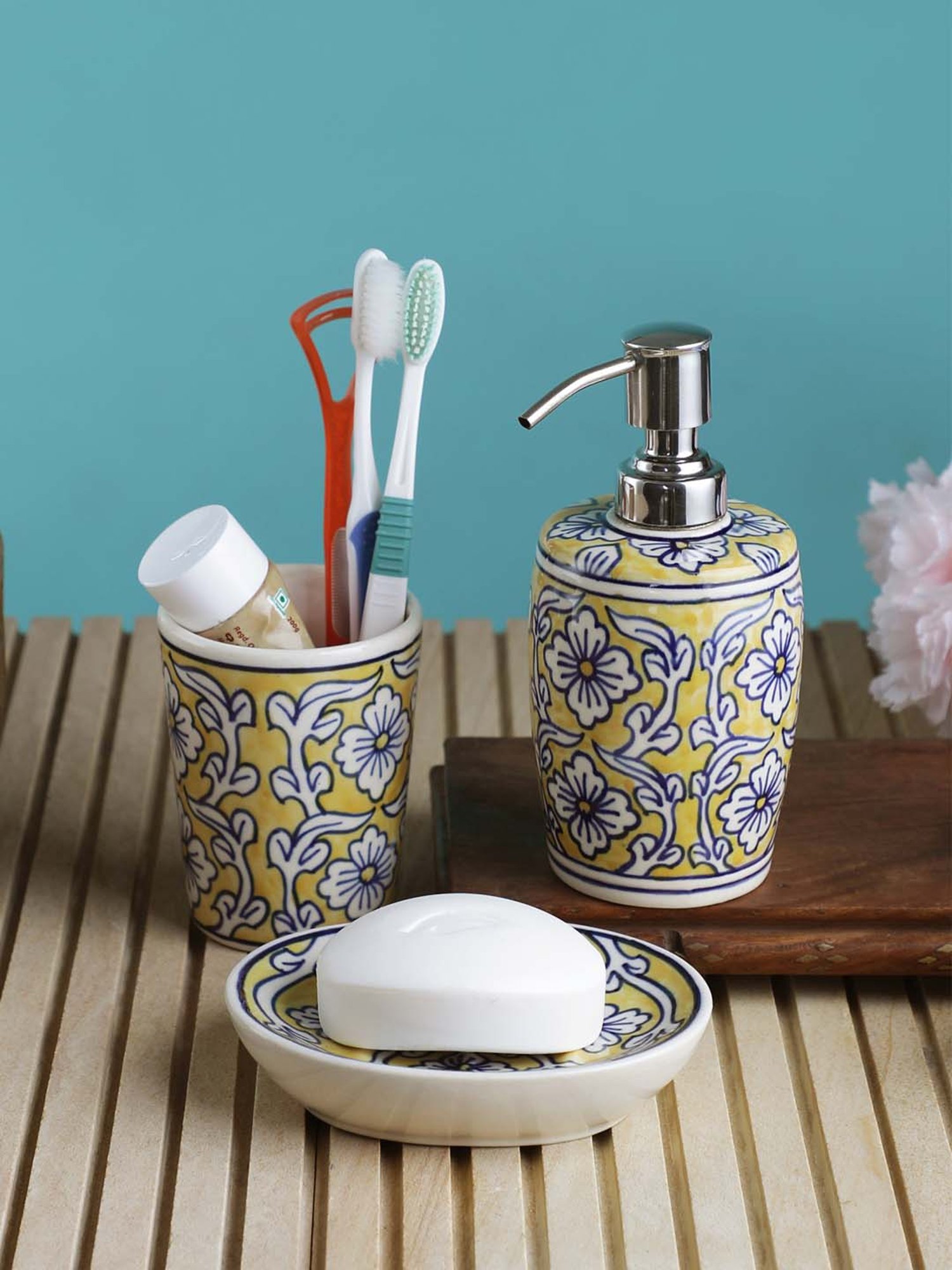 VarEesha Manohar Yellow & White Ceramic Bath Accessories - Set of 3