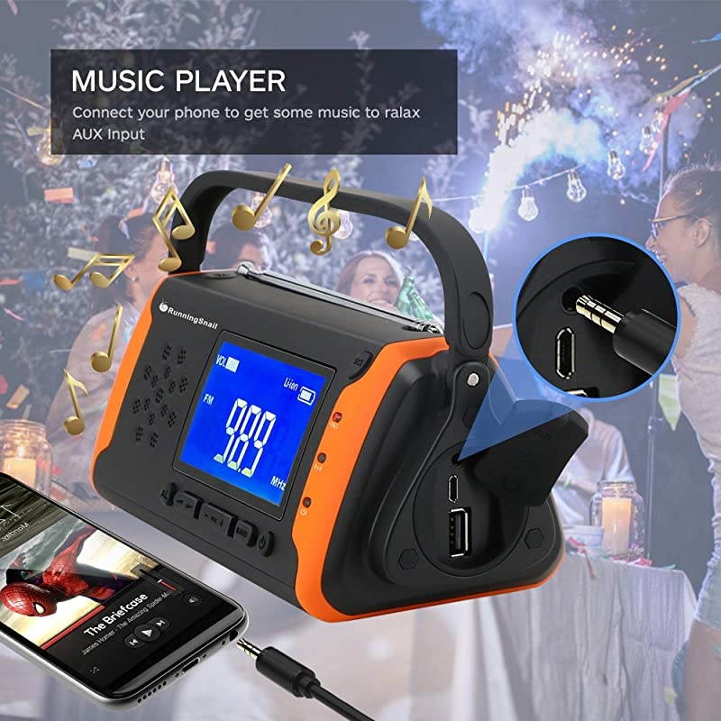 NOAA Weather Crank Solar Powered Portable Radio with 4000mAh Battery Power for Cell Phone Bright Flashlight for Household and Outdoor Survival 097Orange