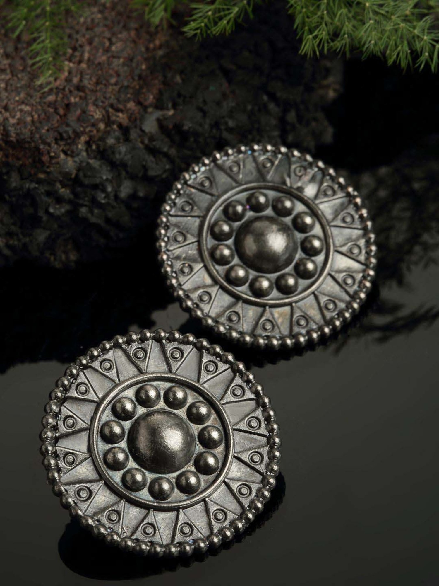 Panash Silver-Toned Oxidized Circular Stud Earrings