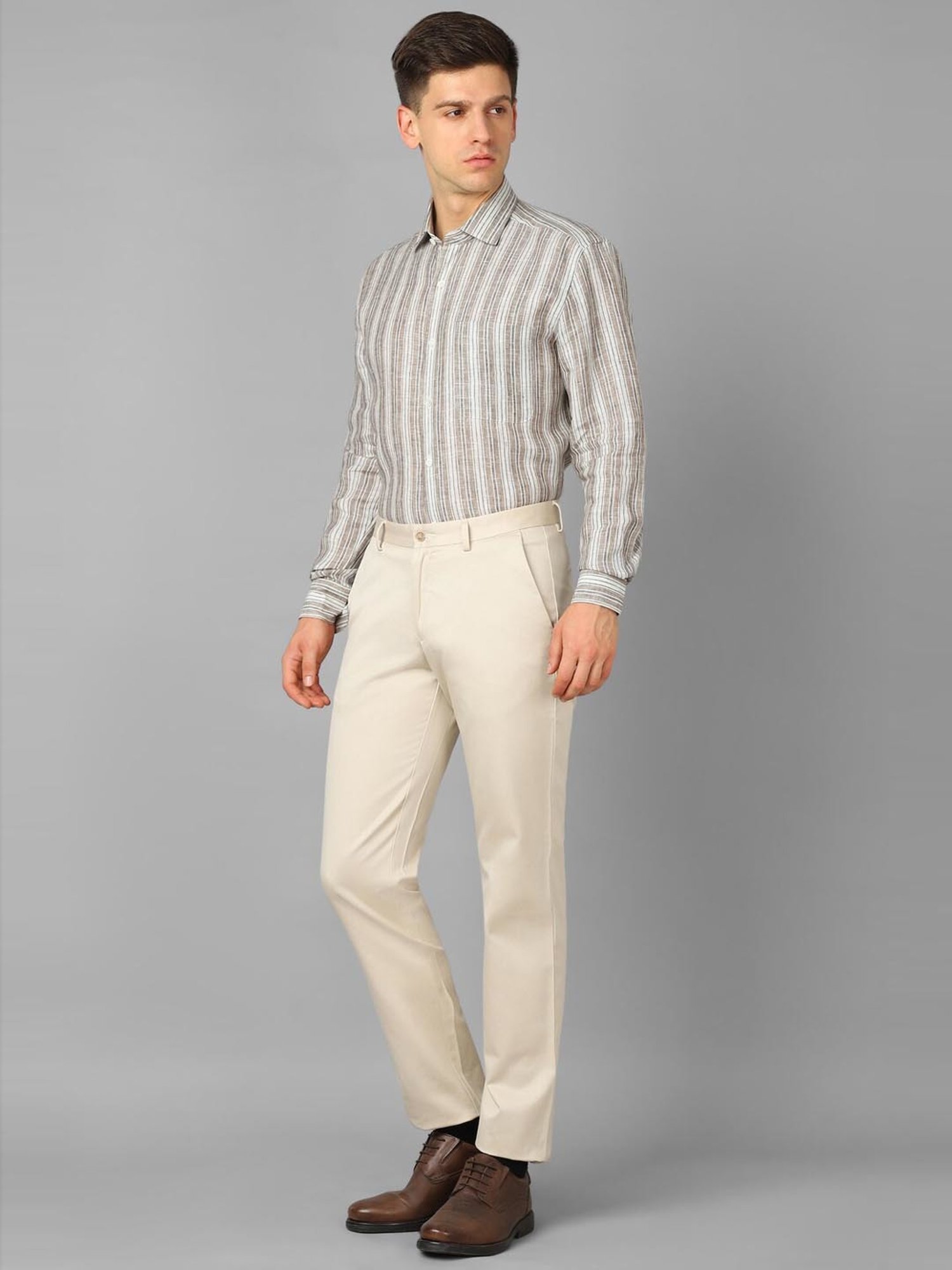 Luxure By Louis Philippe Grey Linen Regular Fit Striped Shirt