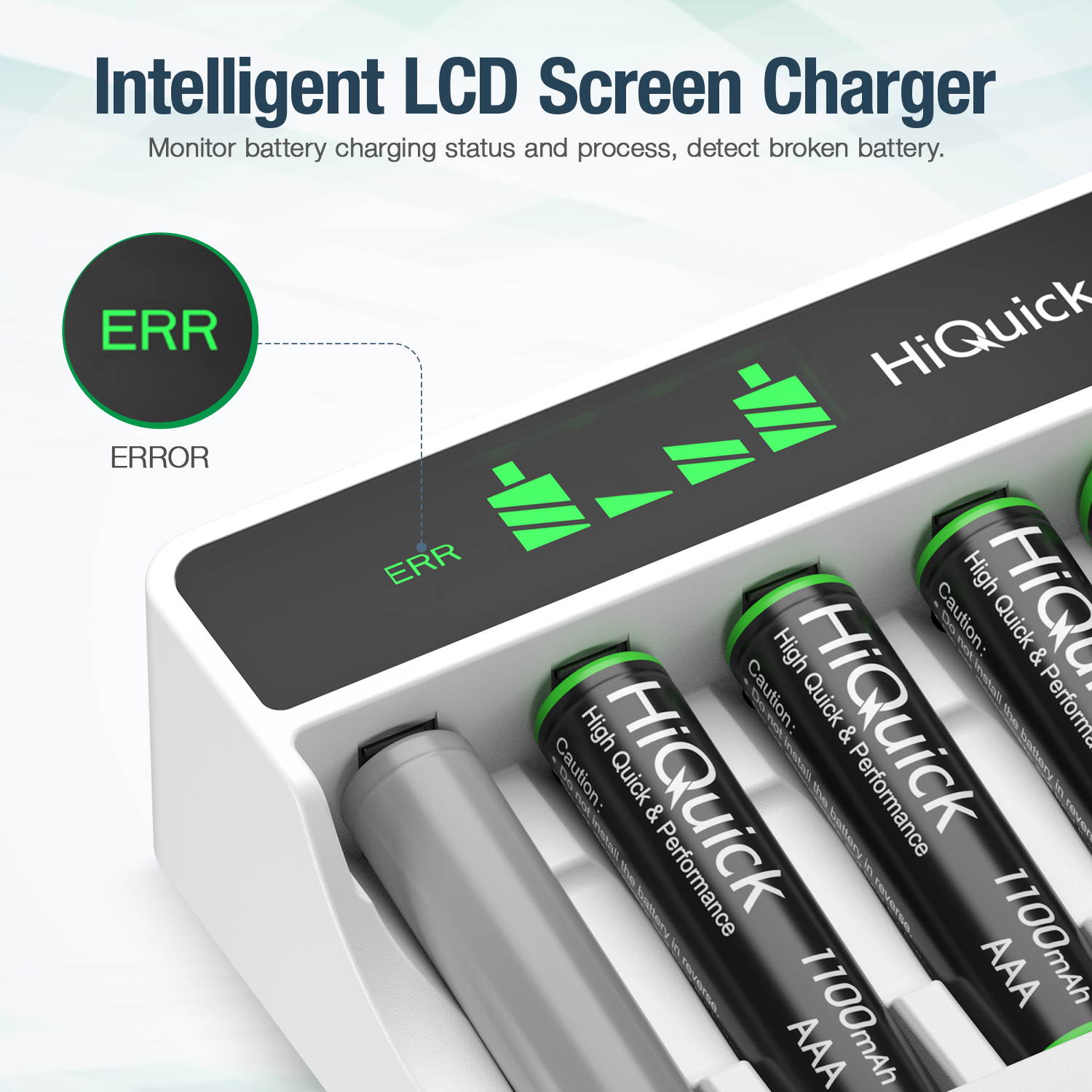 HiQuick 8 Packs 1100mAh 1.2V AAA Rechargeable Batteries + 8 Bay Independent LCD Battery Charger for Ni-MH Ni-CD Battery