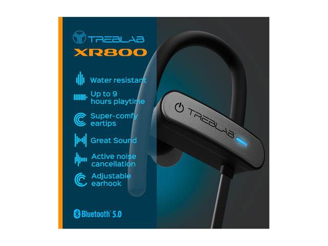 TREBLAB XR800 - Premium Sport Earphones Bluetooth - Secure-Fit IPX7 Wireless Waterproof Earbuds for Running & Workout. Top True-HD Stereo Sound, Noise Cancelling, Microphone, 2019 Sport Headphones