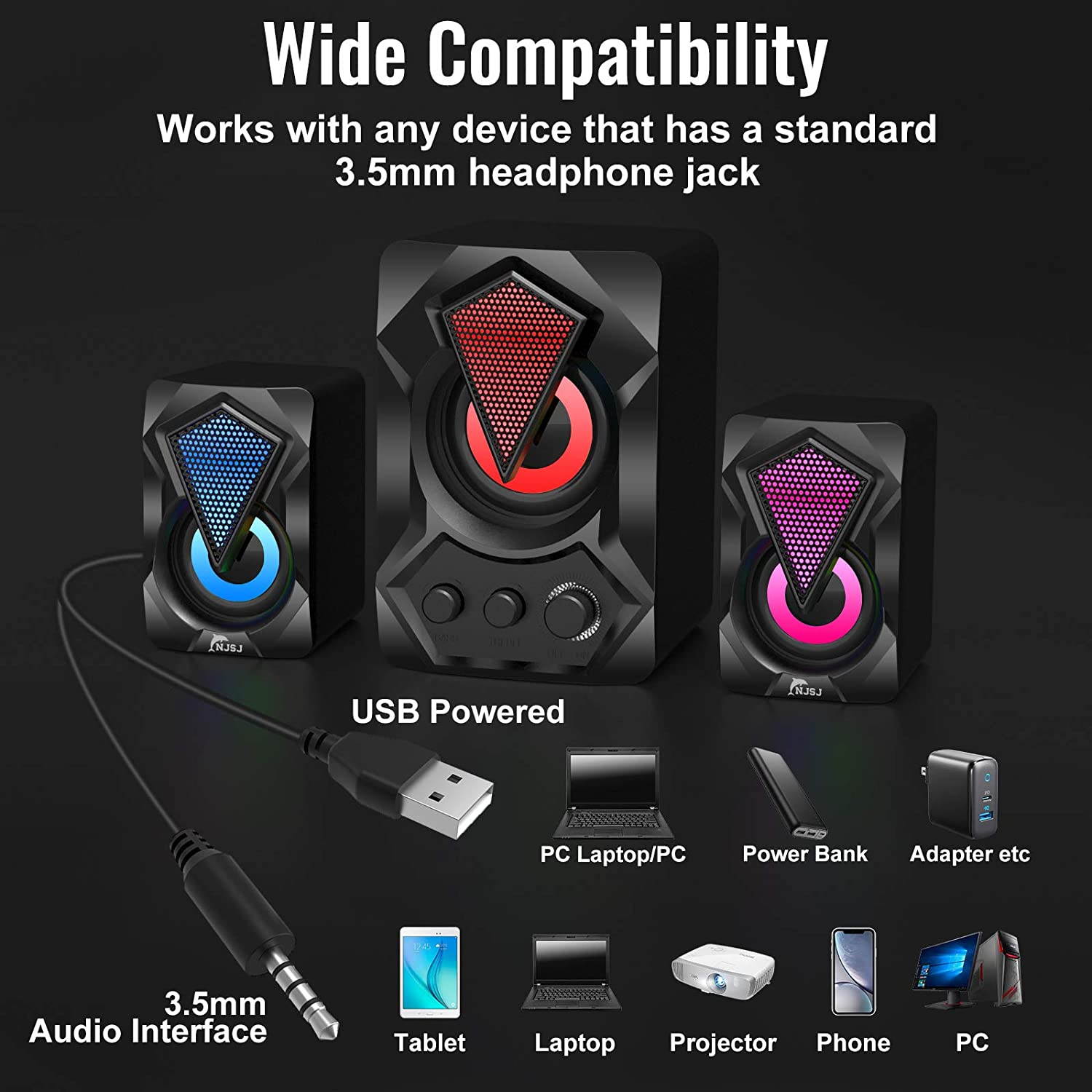 Computer Speaker with Subwoofer, NJSJ USB-Powered 2.1 Stereo Multimedia Speakers System with RGB LED Light 3.5mm Audio Input Great for Music,Movies,Gaming,PC,Laptop,Tablet,Desktop