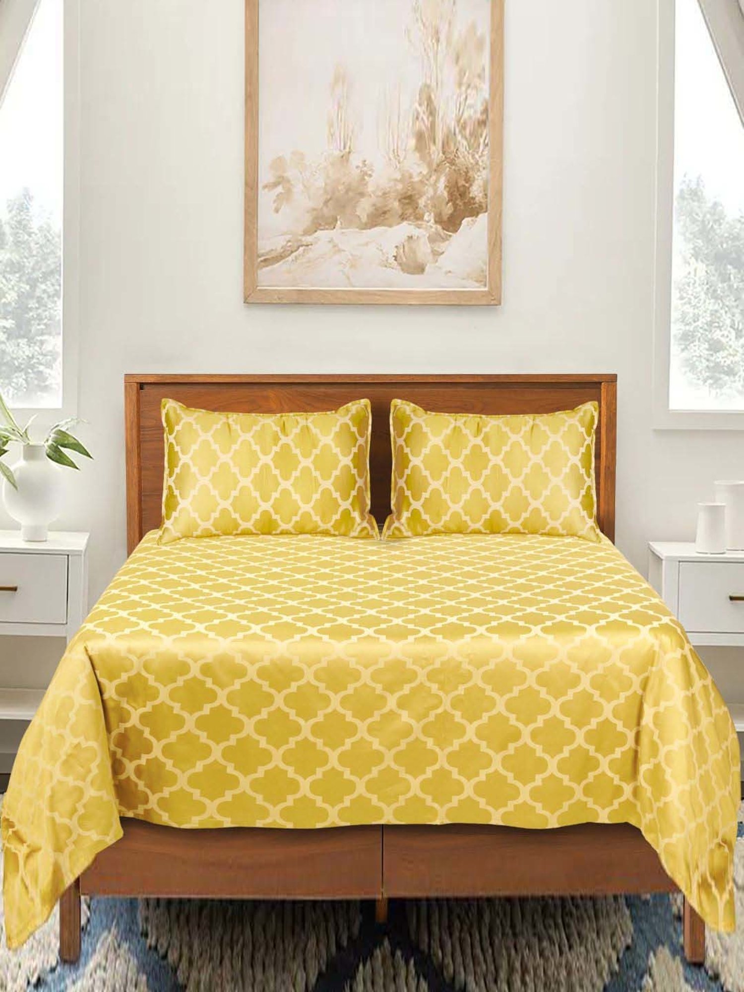 Saral Home Easy Living Yellow Cotton Tangier Soft Self Pattern Queen Bed Sheet With Pillow Covers