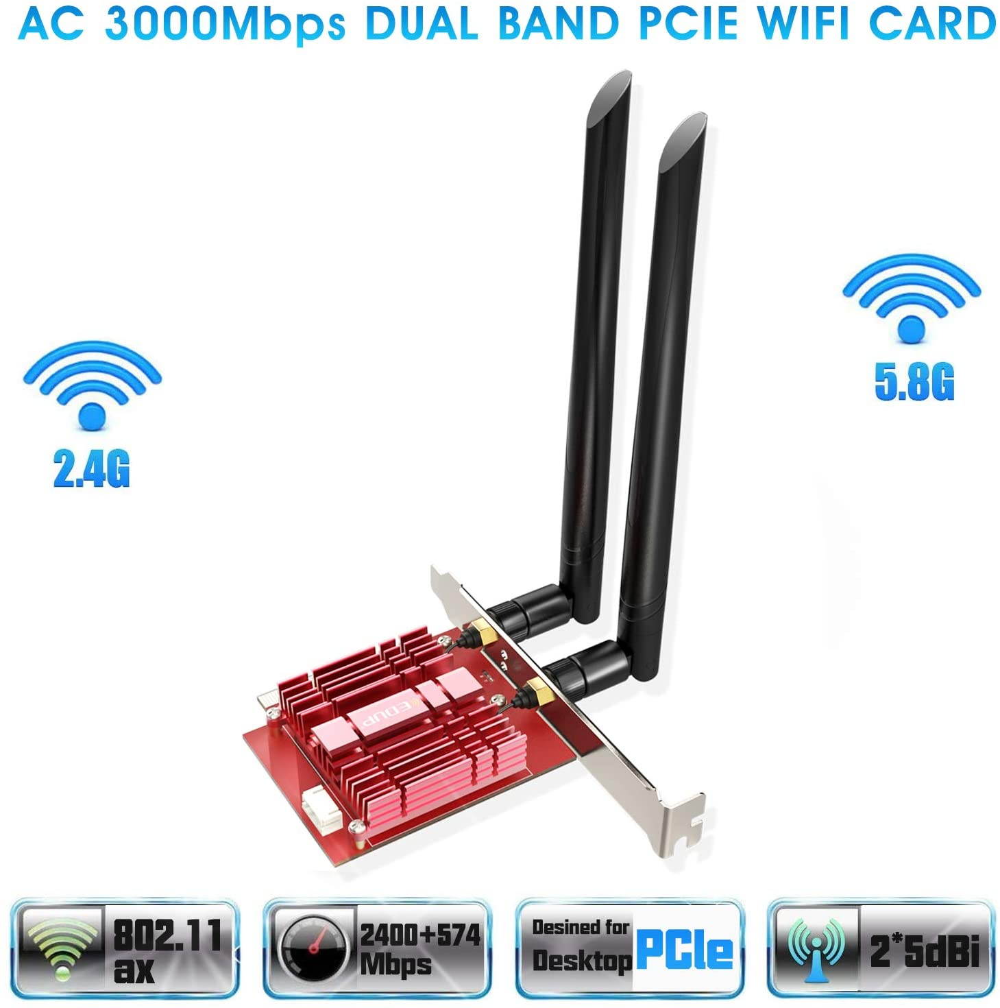 EDUP WiFi 6 Card AX 3000Mbps PCIe Network Card AX200 802.11AX 2.4Ghz/5.8Ghz with Bluetooth 5.0 & Heat Sink Wireless PCI Express Wi-Fi Adapters Dual Band Antenna for Windows 10 64-bit