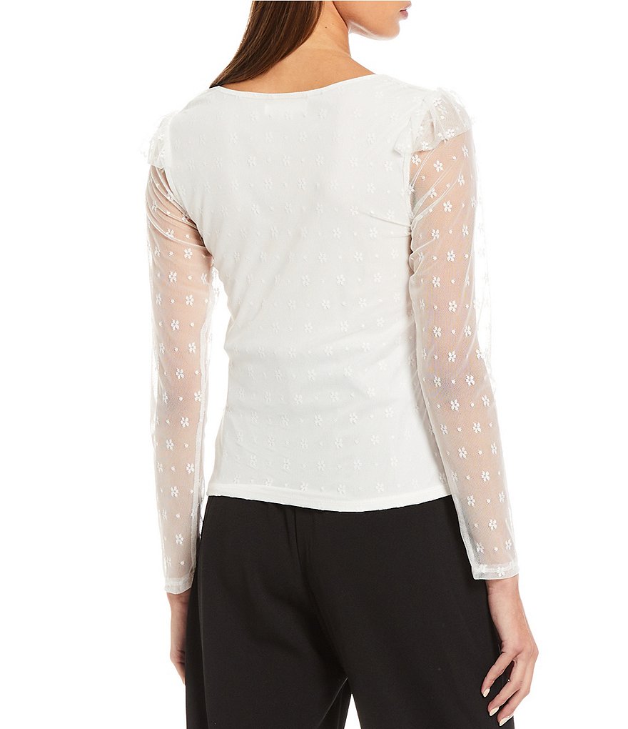 June & Hudson Ruffle Mesh Long Sleeve Ruched Front Top