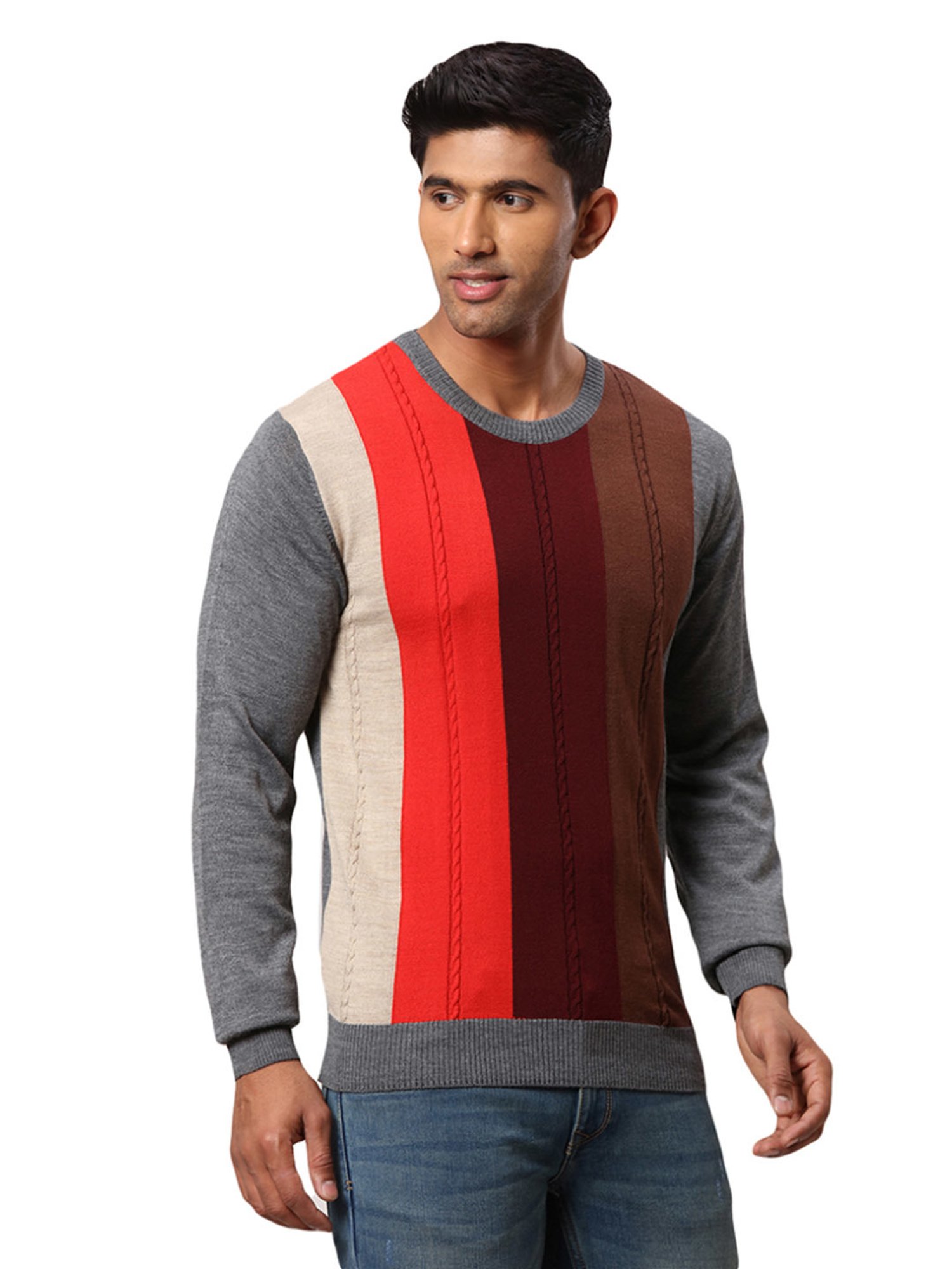 Raymond Grey & Orange Regular Fit Colour Block Sweater