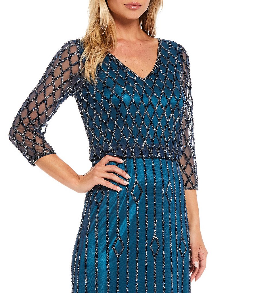 Kay Unger Long Bishop Sleeve V-Neck Crepe A-Line Dress
