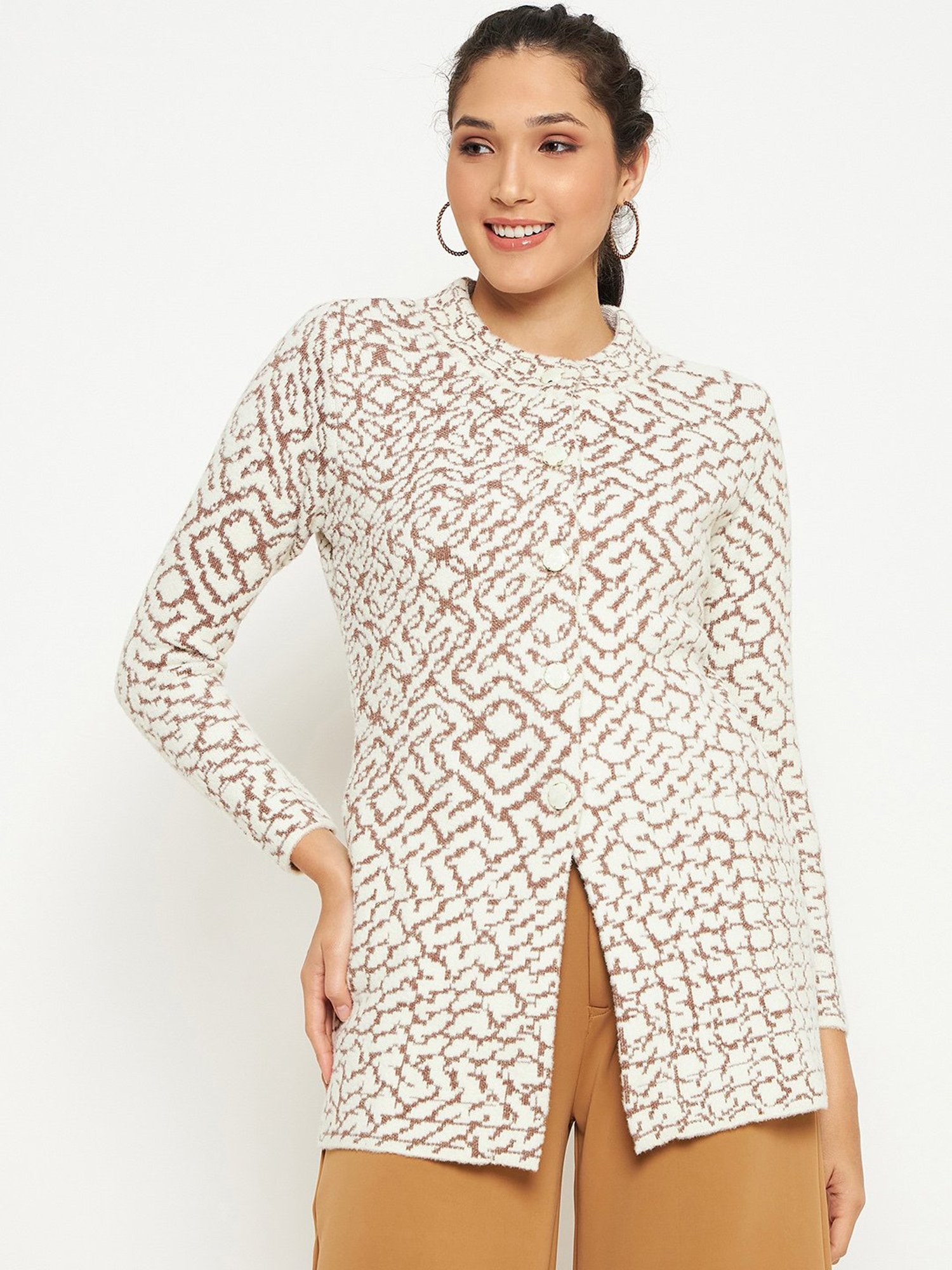 Duke Off White & Brown Printed Cardigan