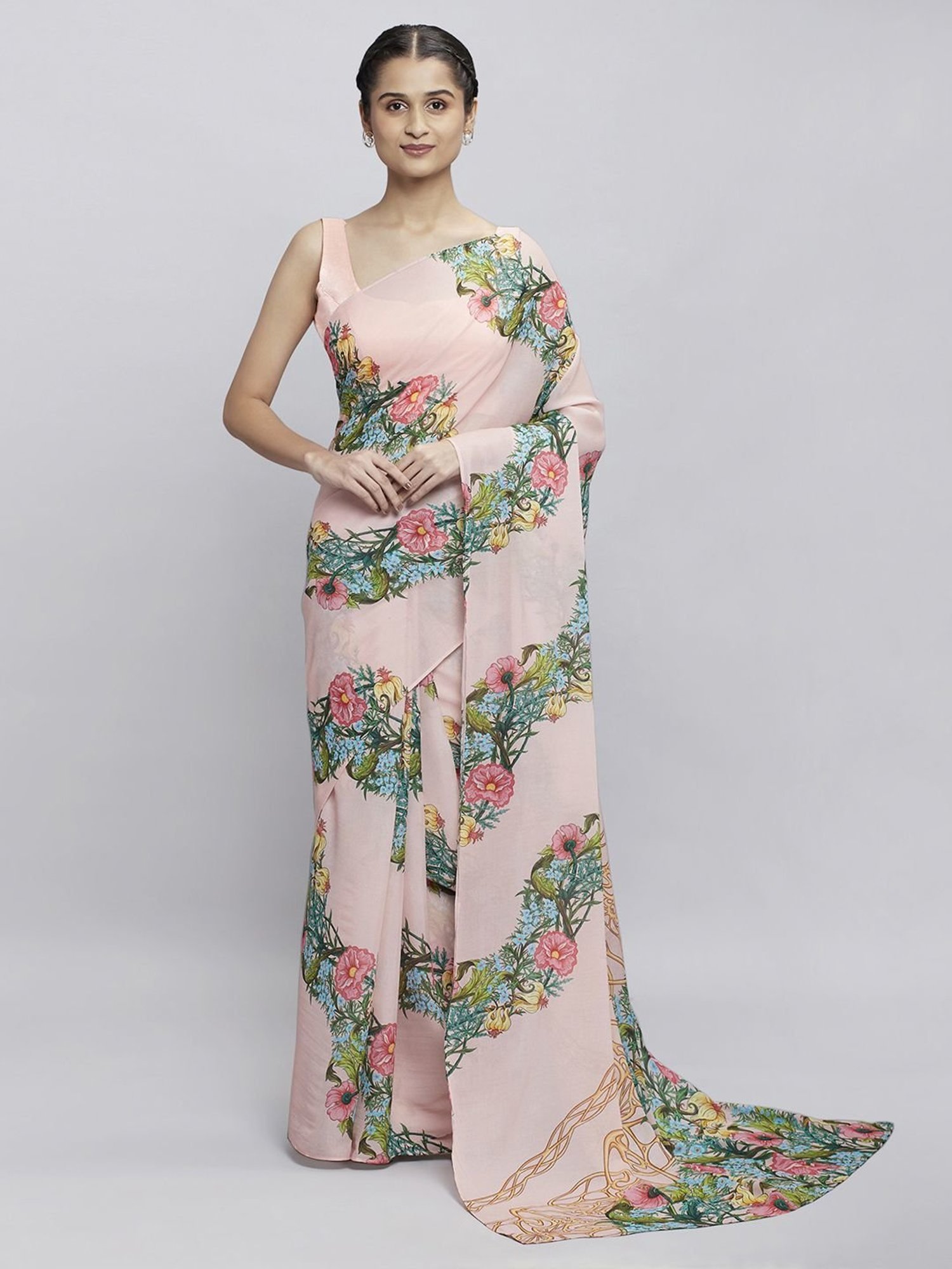 navyasa by liva Light Peach Floral Print Saree With Unstitched Blouse