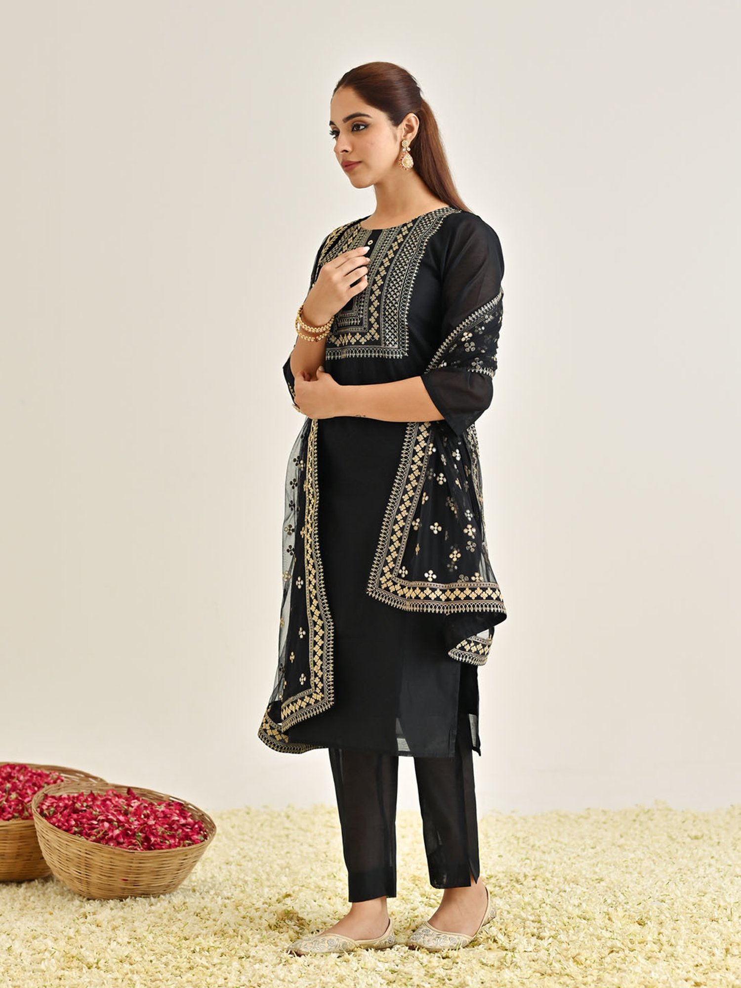 Rustorange Black Embroidered Kurta With Pant & Dupatta