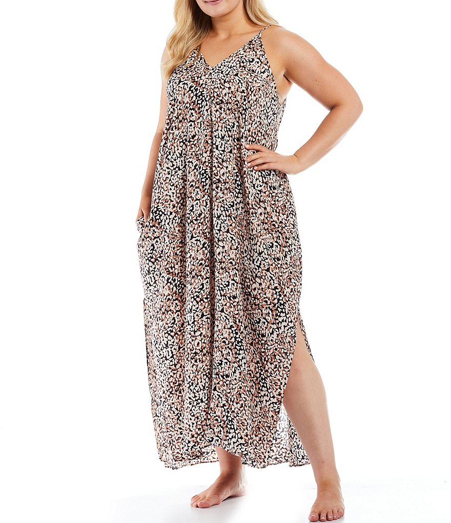 Kate Landry Plus Solid V-Neck Sleeve Midi Lounge Dress