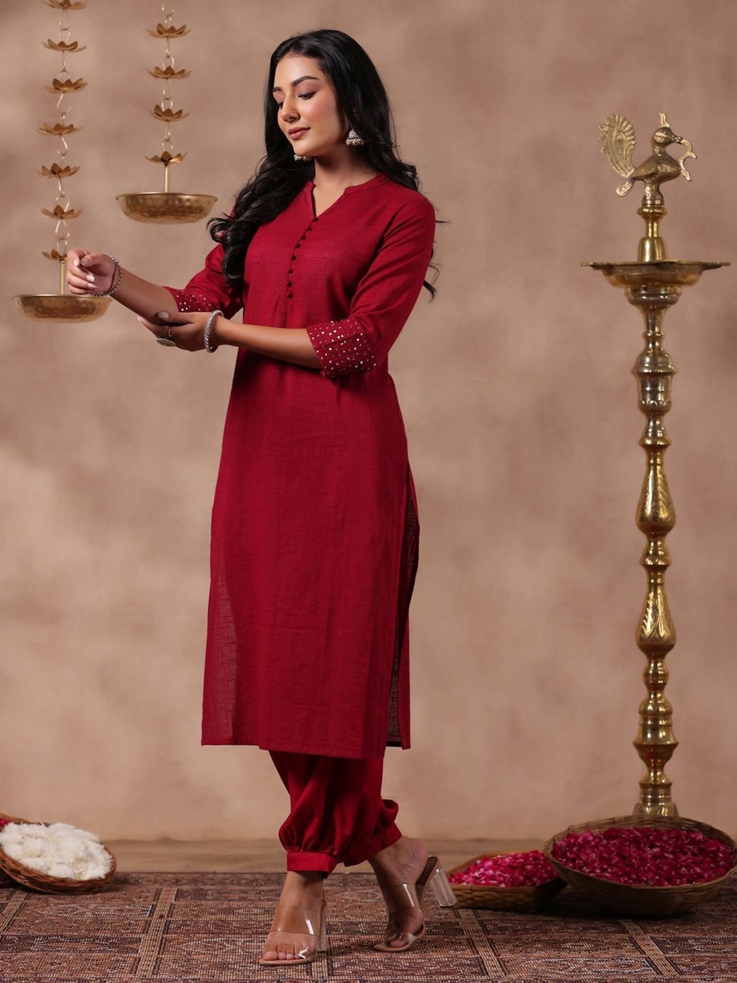 Anubhutee Red Cotton Embellished Straight Kurta