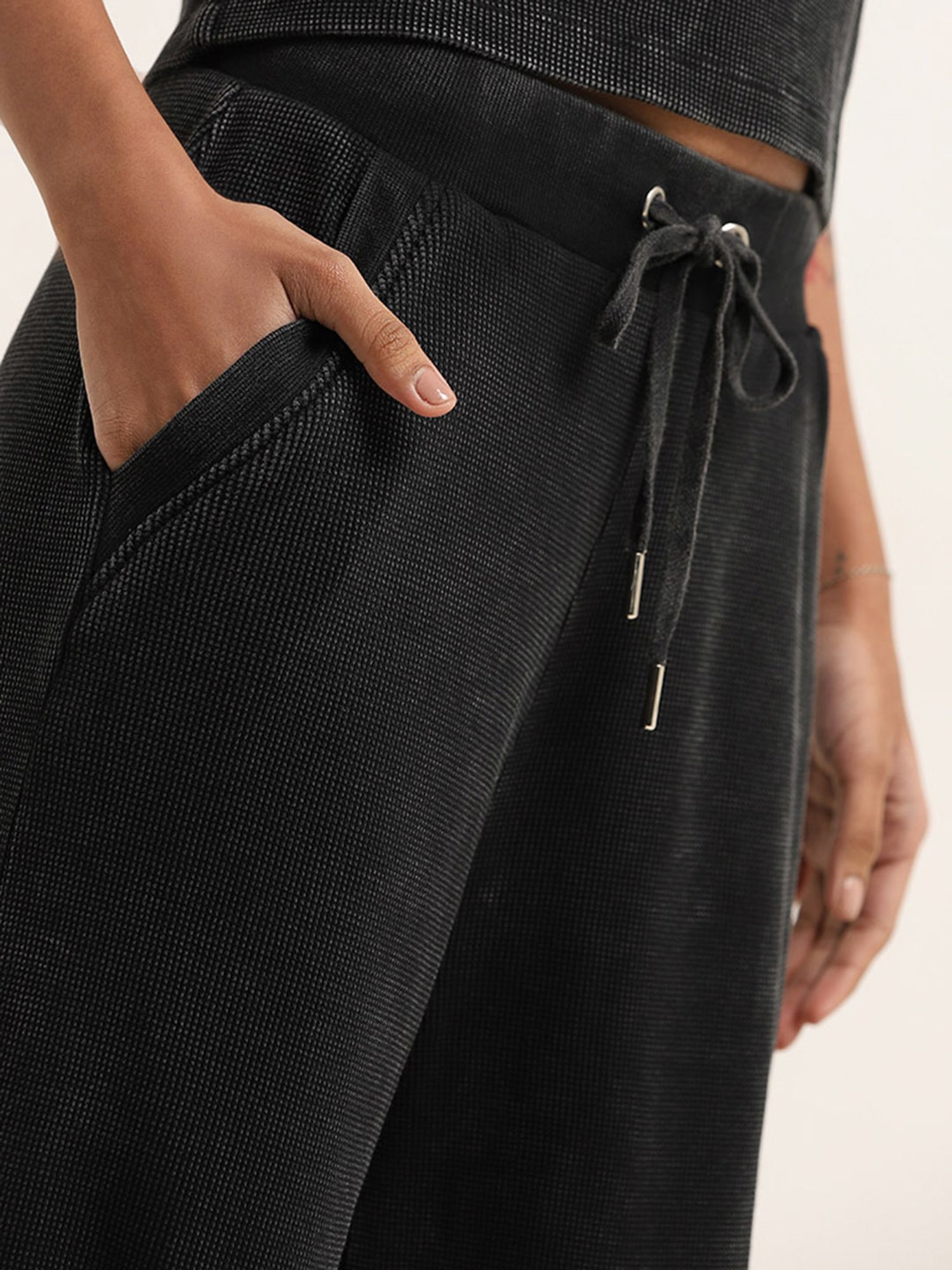 Studiofit by Westside Black Waffle Textured High-Rise Cotton Track Pant