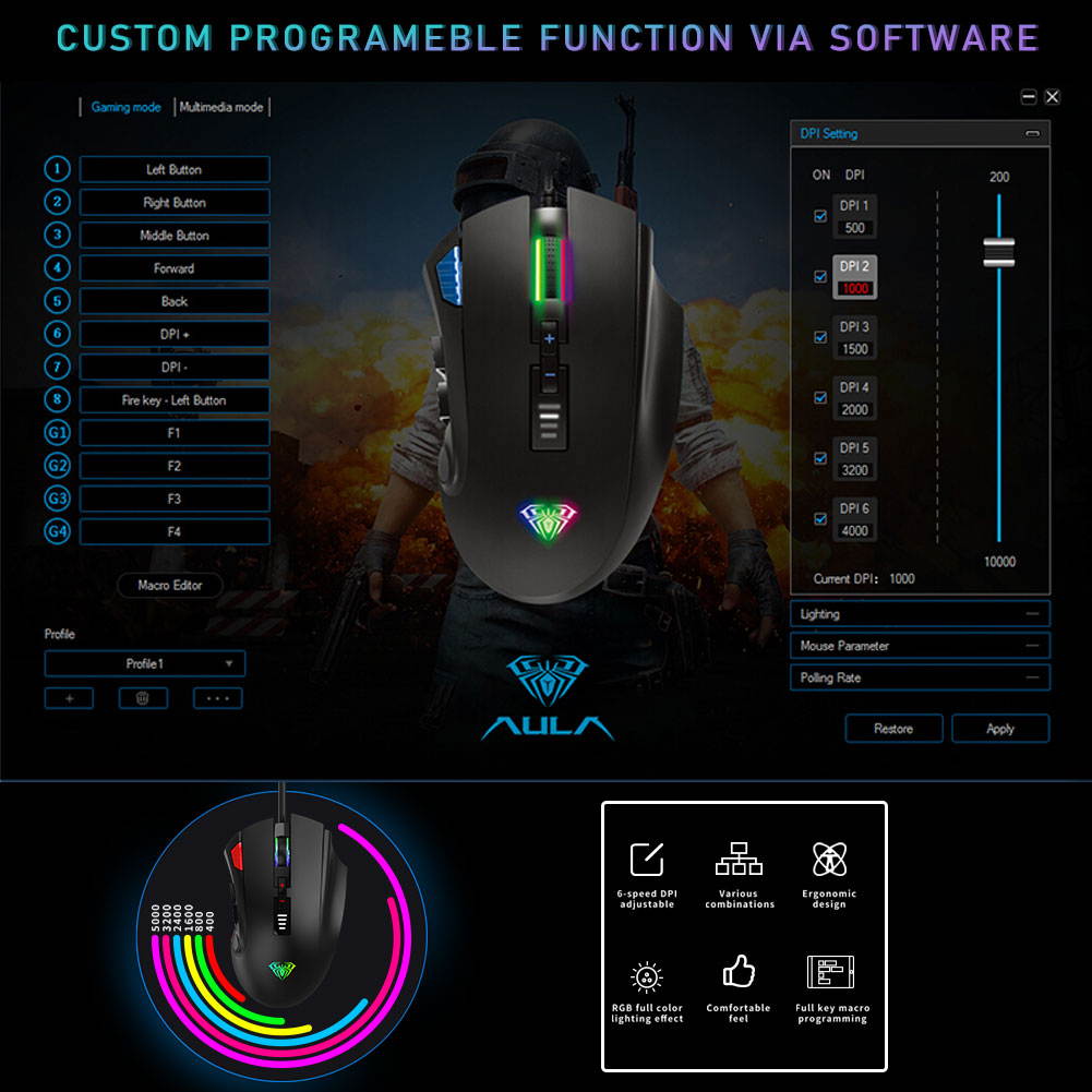AULA H512 Wired Gaming Mouse with Programmable Side Buttons, Ergonomic Optical 7 RGB Lights Backlit, 6 Mode DPI & Weights Adjustable, Professional Gamers Computer Mice for PC/MAC