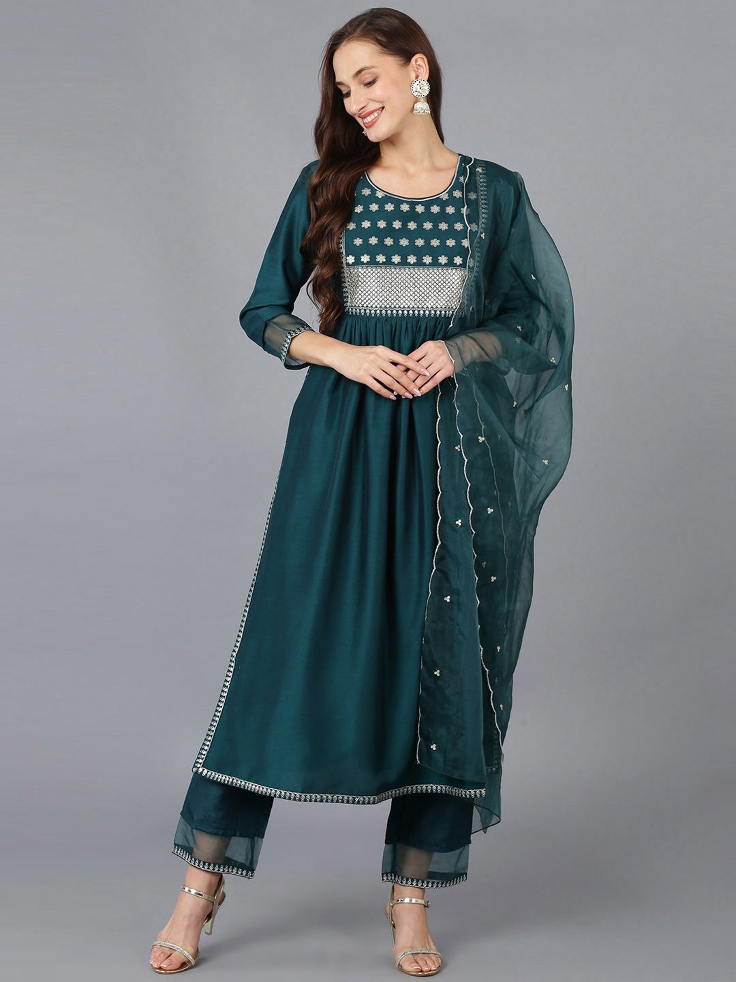Vaamsi Teal Green Embroidered Kurta Pant Set With Dupatta