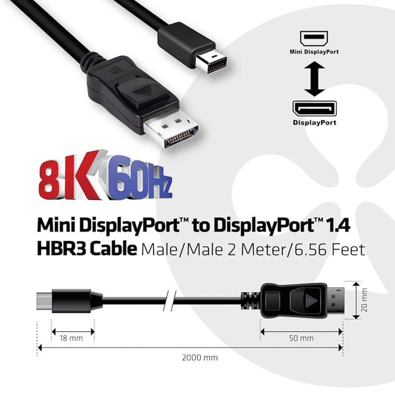 Club3D CAC-1115 Mini DisplayPort to DisplayPort 1.4/HBR3 Cable Male/Male, HDR Support 2 Meter/6.56 Feet, Black Vesa