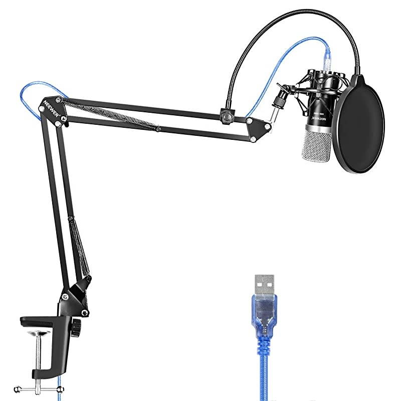 USB Microphone for Windows and Mac with Suspension Scissor Arm Stand Shock Mount Pop Filter USB Cable and Table Mounting Clamp Kit for Broadcasting and Sound Recording Black