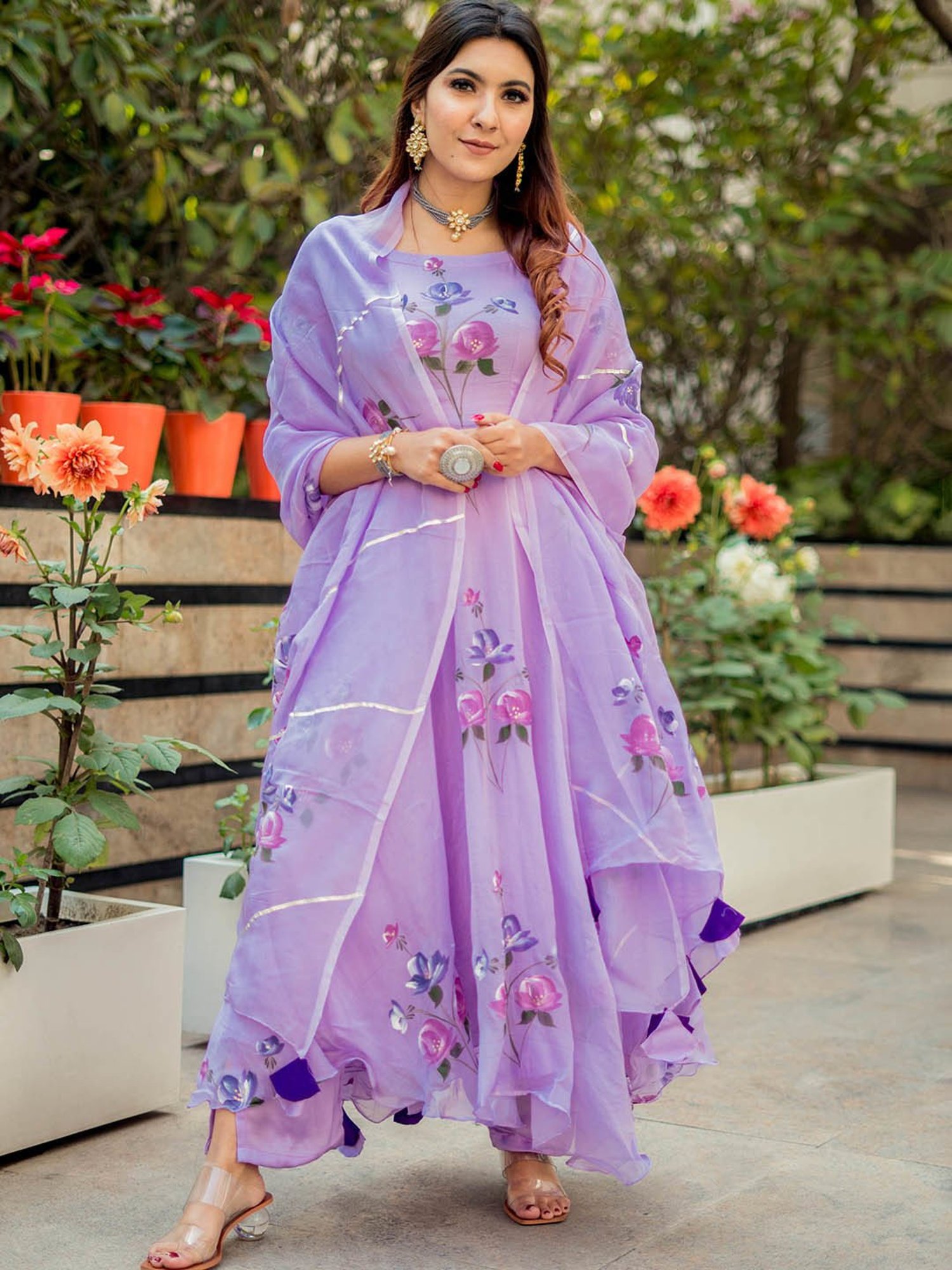 AACHHO Lilac Organza Hand Painted Suit Set