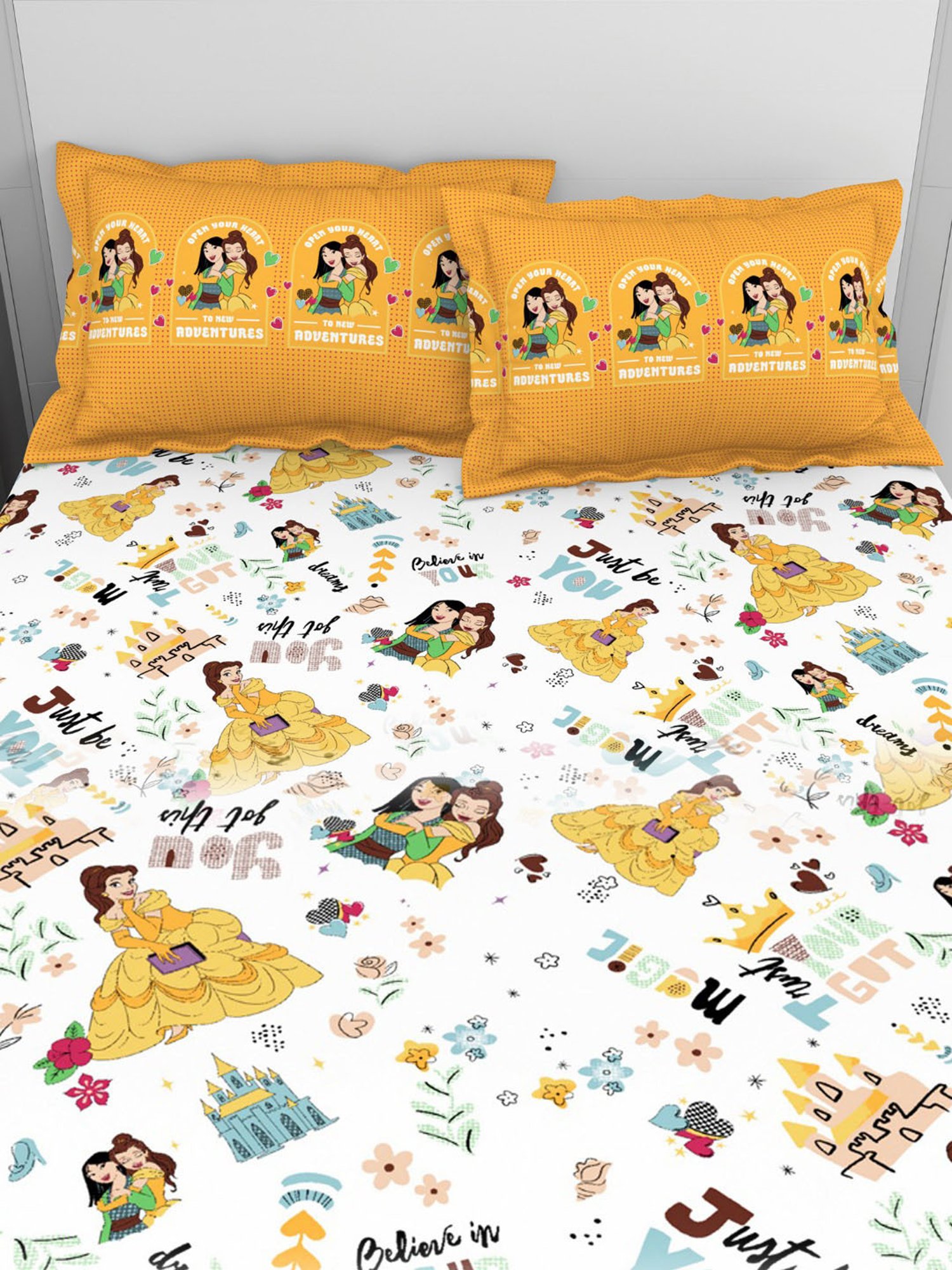 Welspun Disney Princess Printed Yellow 144 TC Cotton Double Bedsheet With 2 Pillow Covers