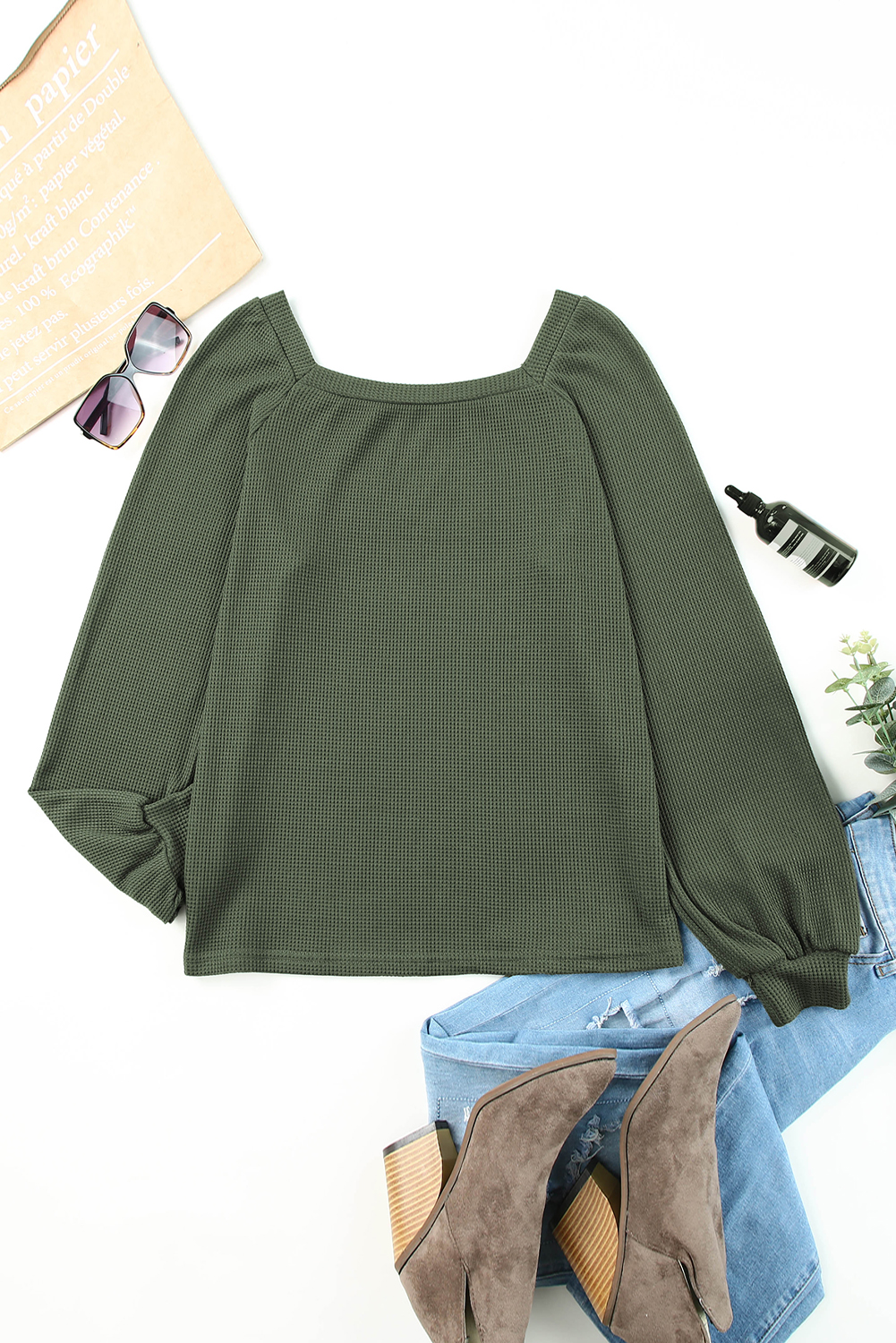 Green Plain Waffle Knit Bishop Sleeve Square Neck Top