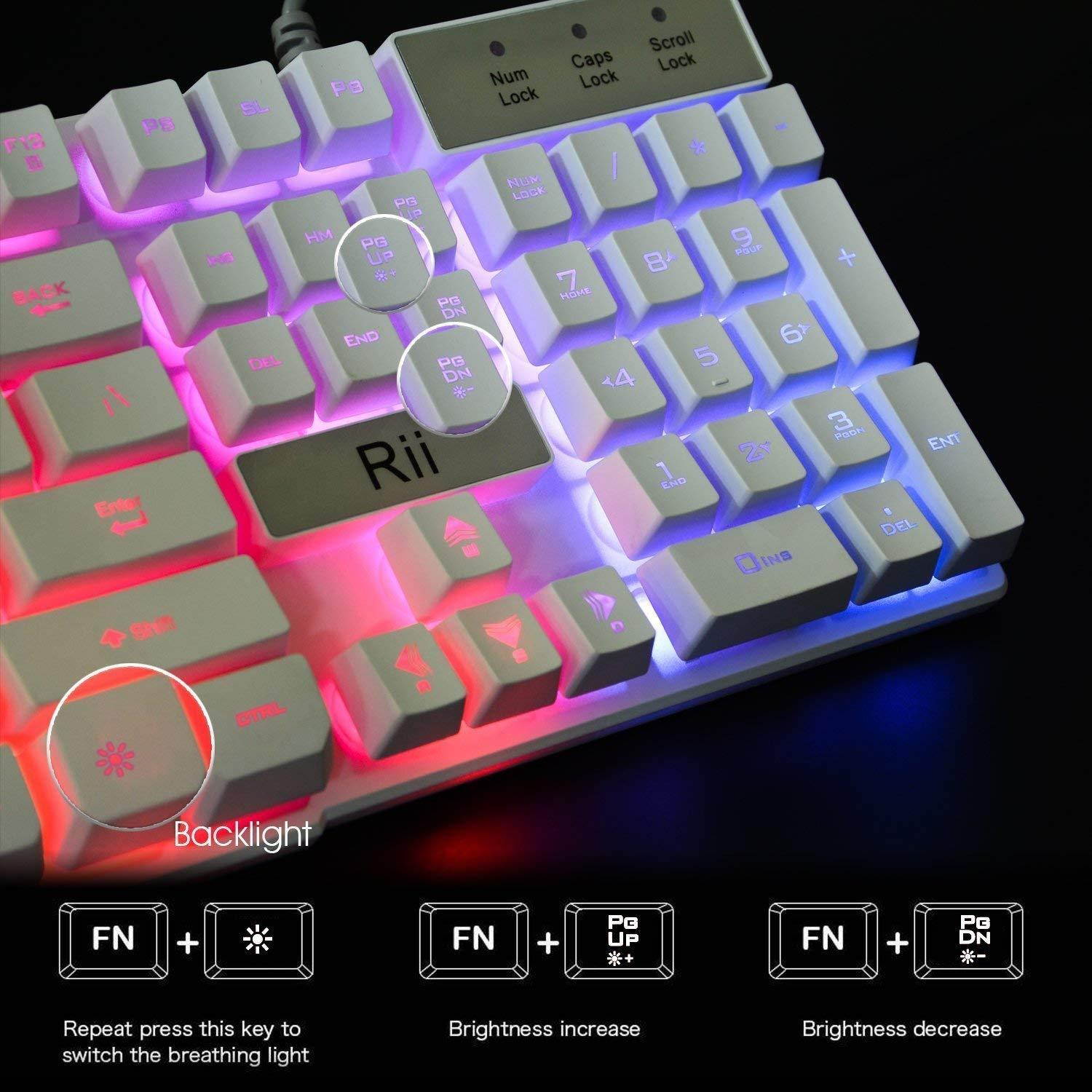 Rii RK100+ Multiple Colors Rainbow LED Backlit Large Size Mechanical Feeling USB Wired Multimedia Keyboard,White