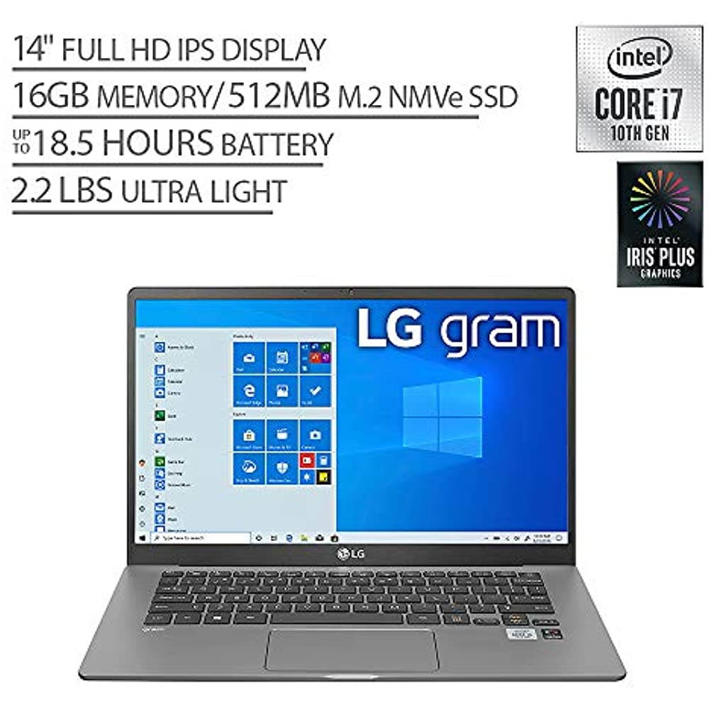 LG Gram 14" Full HD IPS Notebook Computer, Intel Core i7-1065G7 1.30GHz, 16GB RAM, 512GB SSD, Window 10 Home, Dark Silver