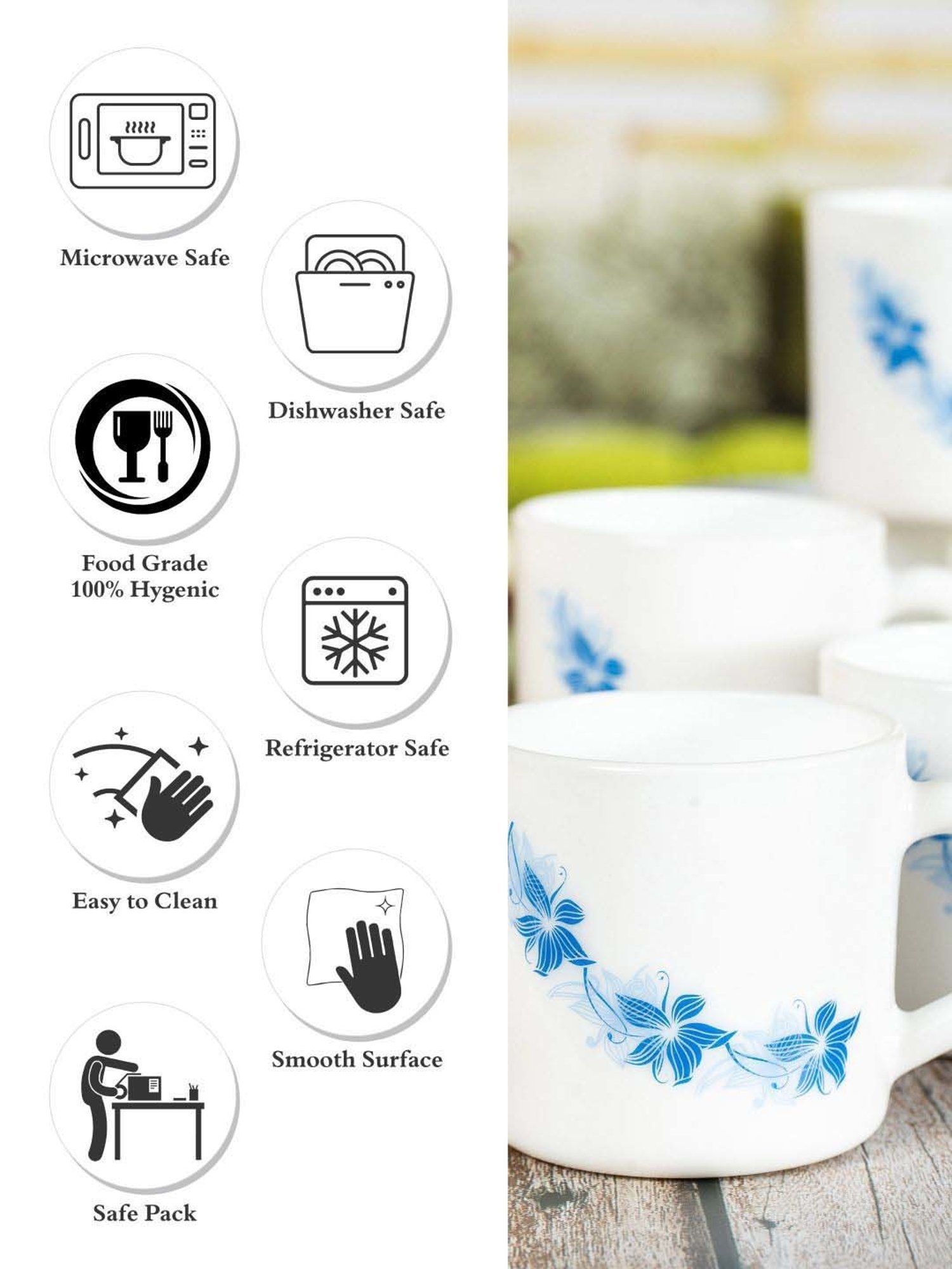 Cello Dazzle Stella White & Blue Glass Coffee Mug (0.18 L) - Set of 6