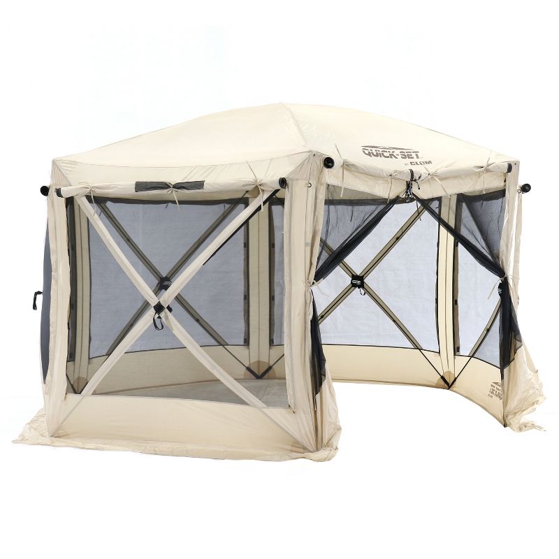 CLAM Quick-Set Pavilion 12.5 x 12.5 Foot Portable Pop-Up Outdoor Camping Gazebo Screen Tent 6 Sided Canopy Shelter with Ground Stakes & Carry Bag, Tan