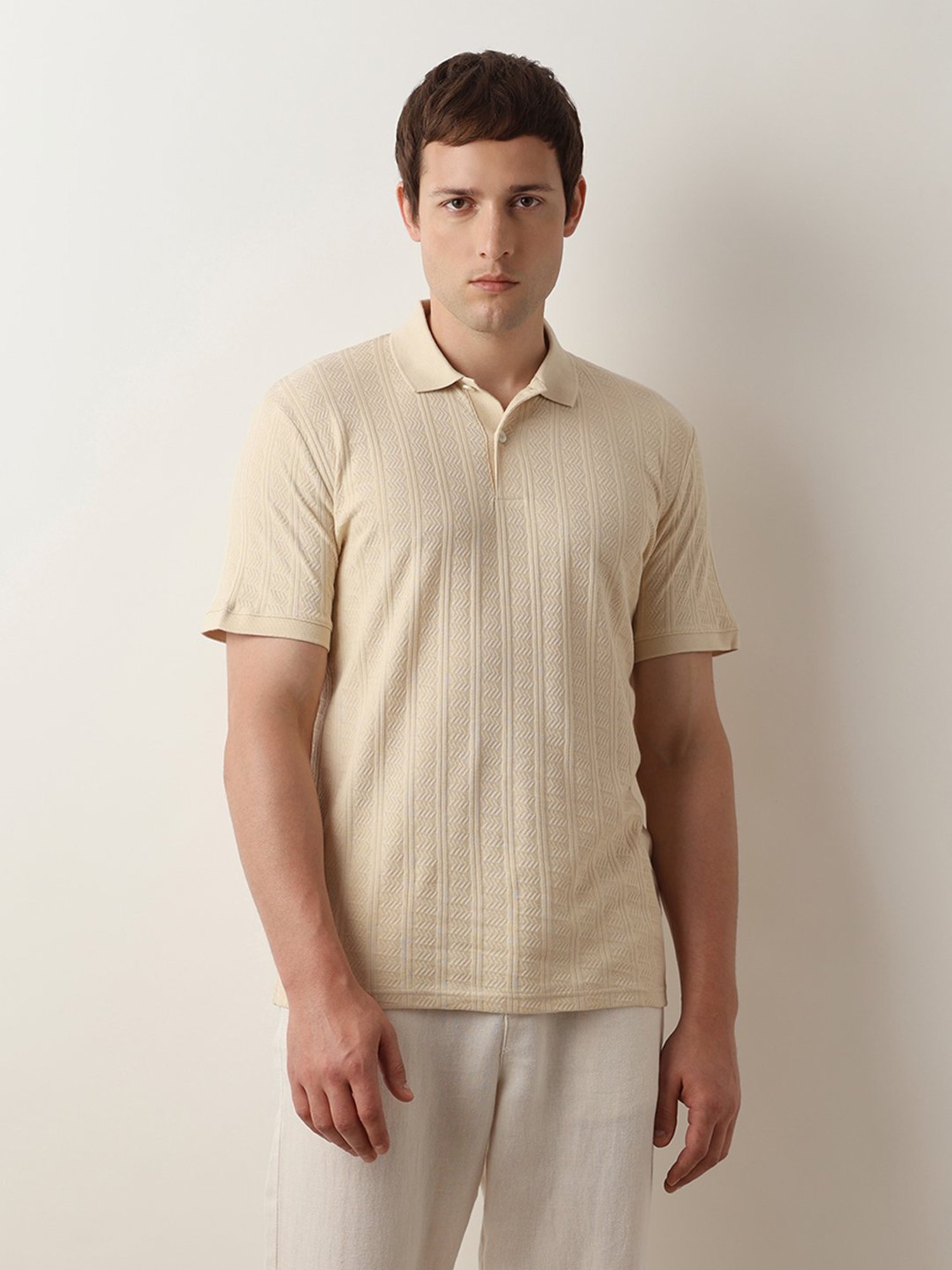 SELECTED HOMME Beige Slim Fit Self Design Cotton Polo T-Shirt