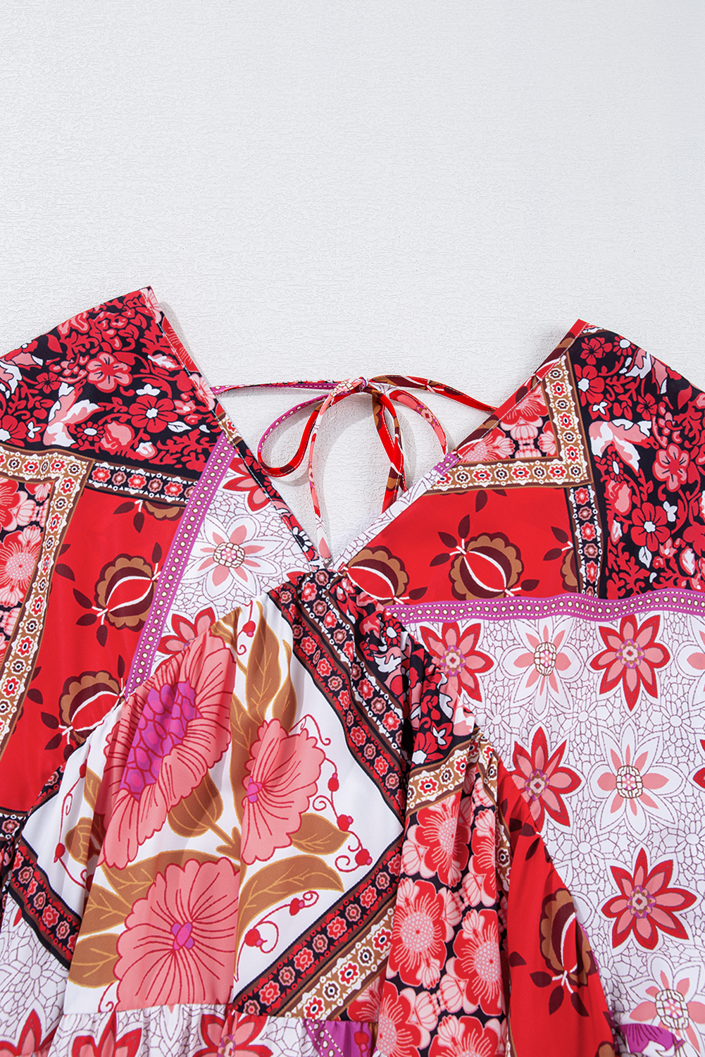 Rose Floral Patchwork Long Sleeve V Neck Lace-up Back Plus Size Dress